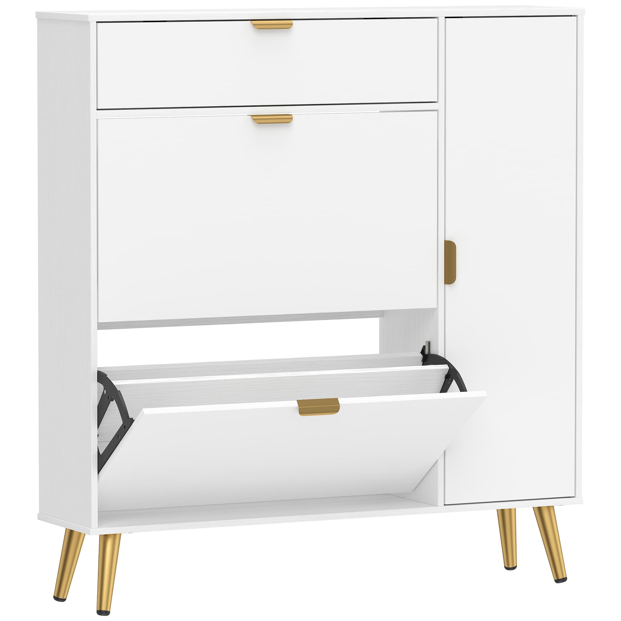 HOMCOM Meuble à chaussures 12 paires, armoire à chaussures, 2 tiroirs rabattables, 4 compartiments, 99,4x23,8x106,6cm, blanc