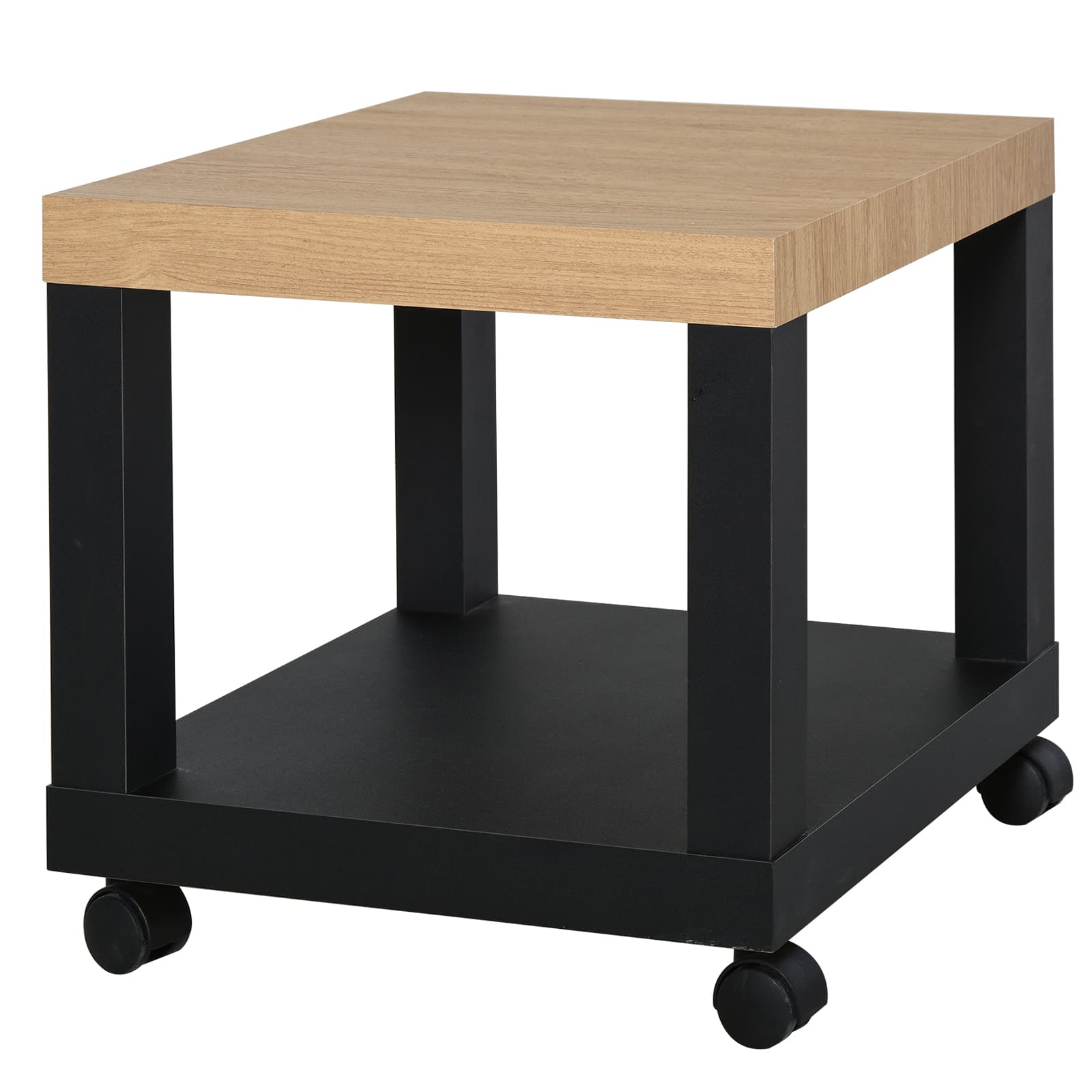 HOMCOM Table d'appoint roulante, table basse moderne avec étagère ouverte, 40 x 40 x 40 cm, bois naturel & noir