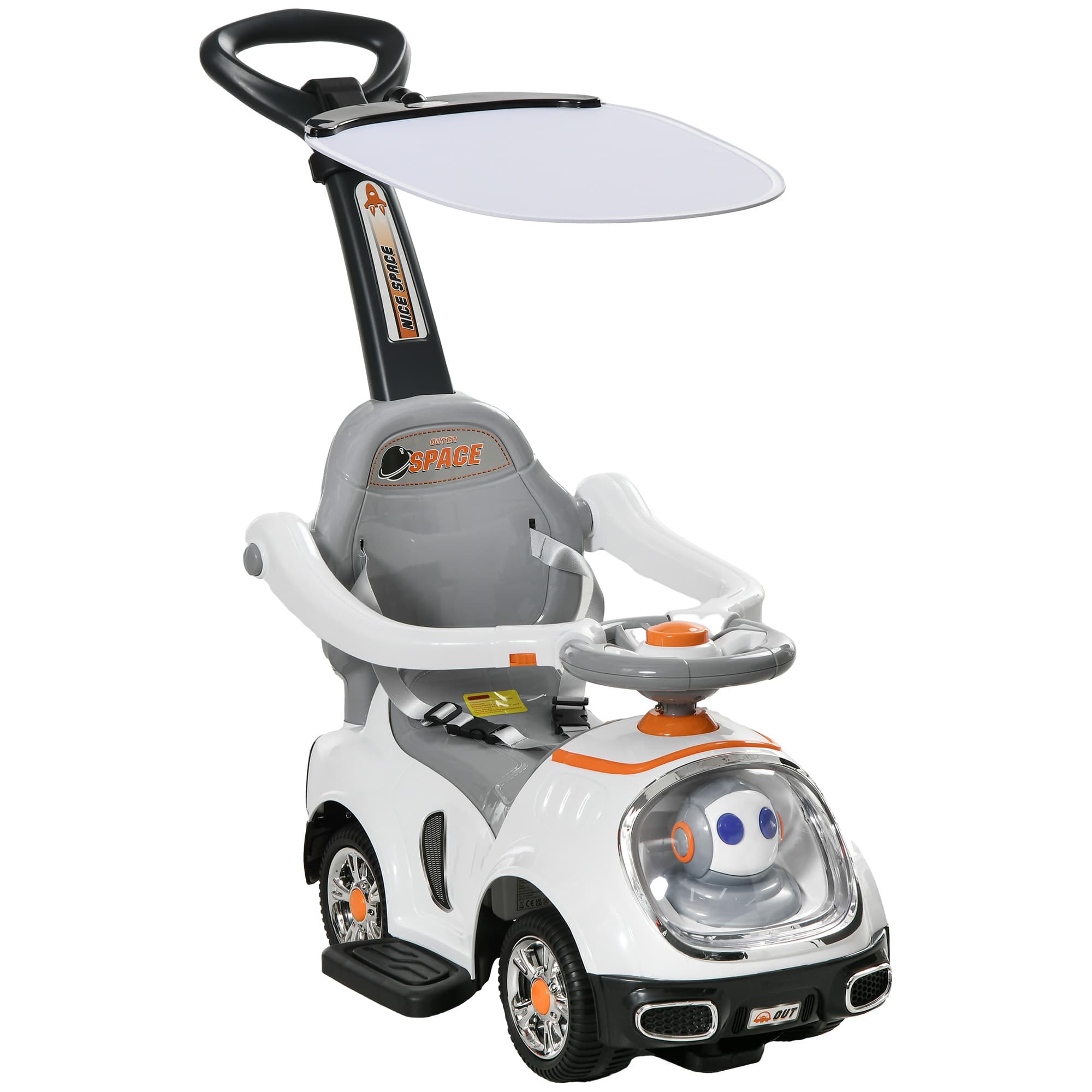 AIYAPLAY Porteur enfants, porteur bébé voiture à pousser 3 en 1 avec robot thème, pédales, poignée parentale, blanc