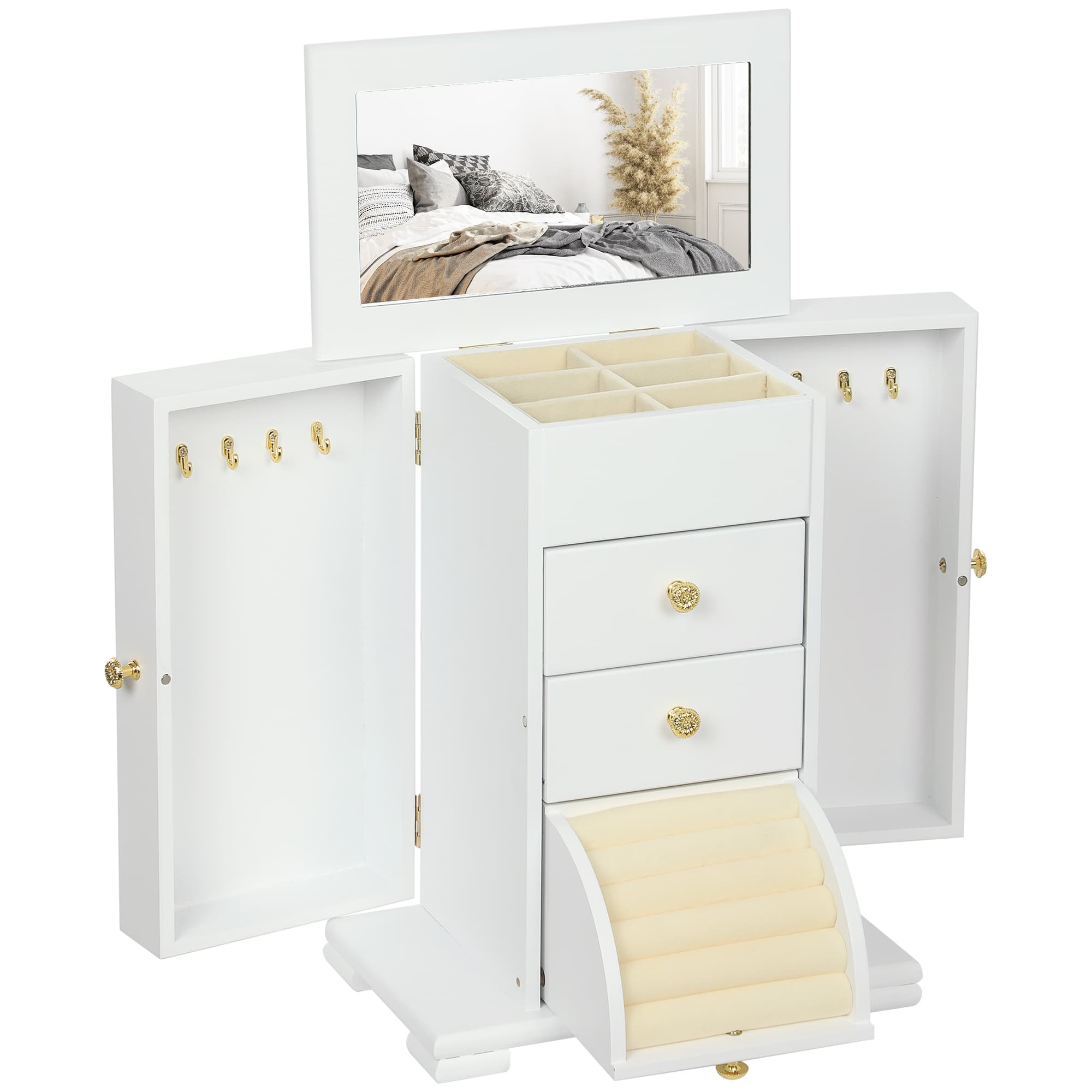 HOMCOM Boîte à Bijoux Femme à 4 Niveaux, Coffre à Bijoux en Bois avec Ailes, Miroir et 2 Tiroirs, 26,5x16 x33,5 cm, Blanc
