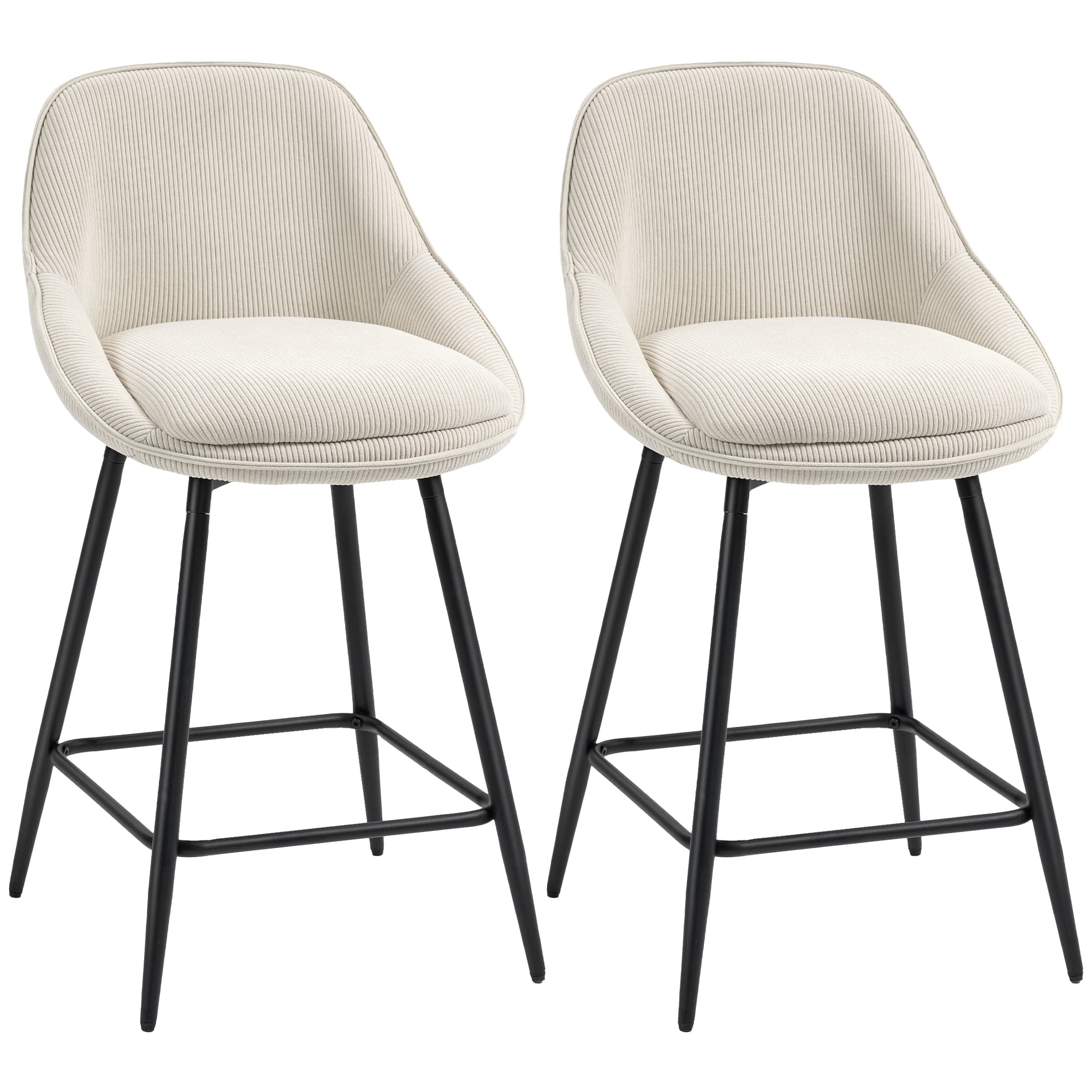 HOMCOM Lot de 2 tabourets de bar en tissu velours côtelé, chaises de bar avec dossier courbé, repose-pieds, 49x52x88cm, crème