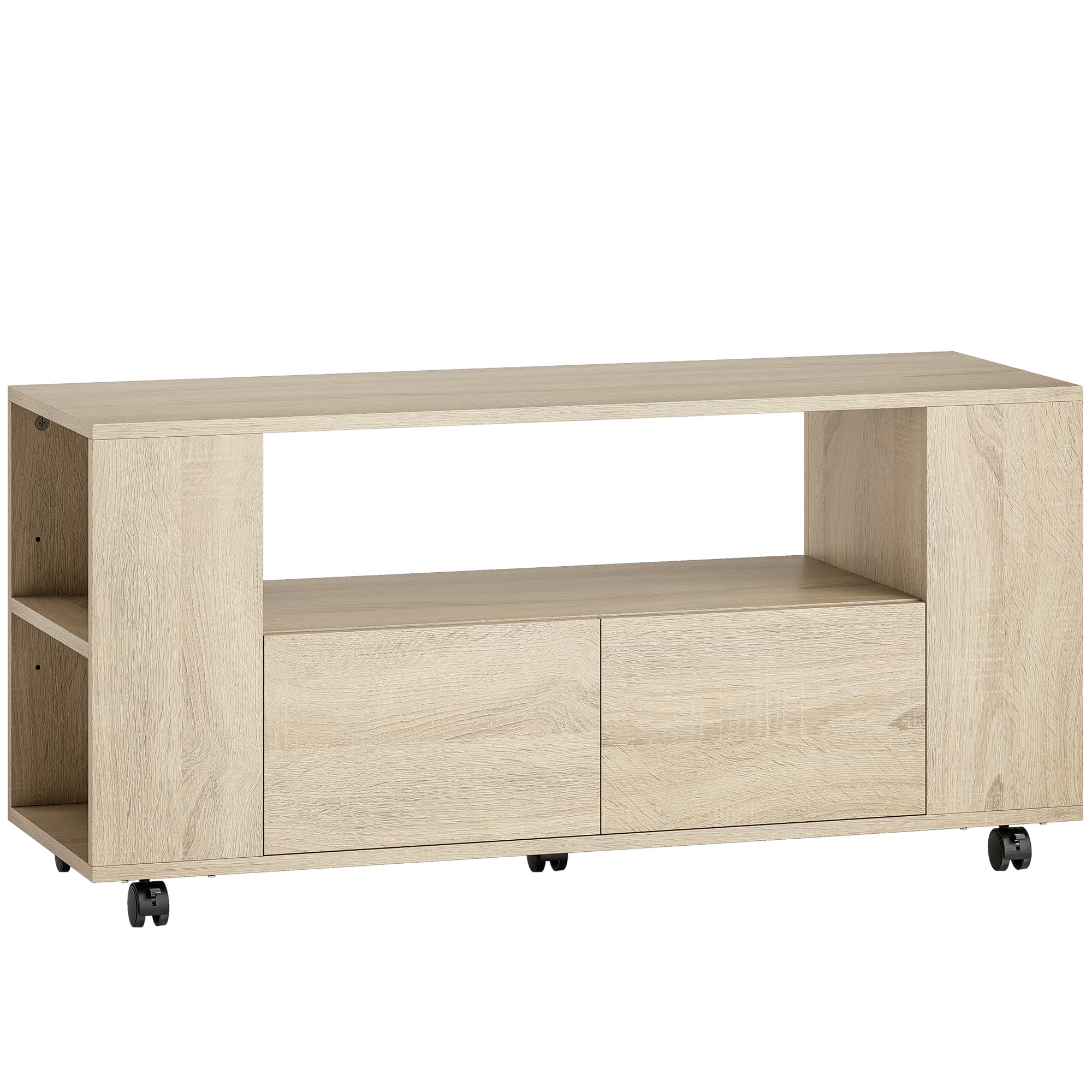 HOMCOM Meuble TV sur roulettes 102 cm, meuble télé pour téléviseur jusqu'à 42 pouces, 2 tiroirs, compartiments ouverts, naturel