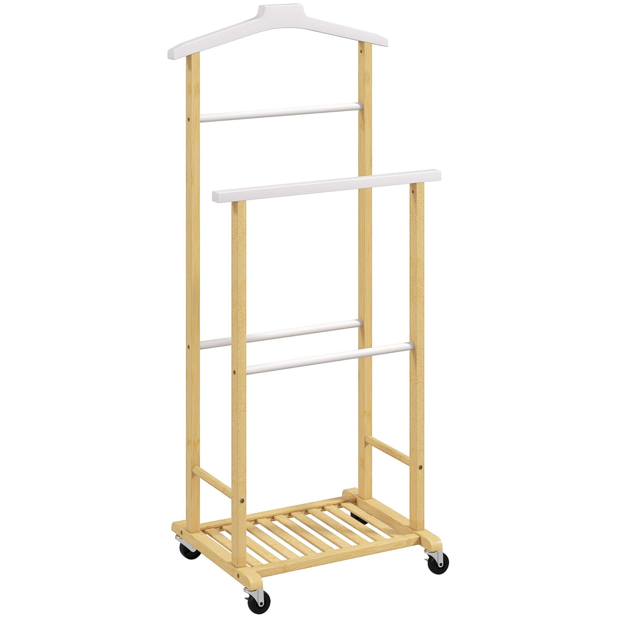 HOMCOM Valet de chambre à roulettes, portant à vêtements en bambou avec cintre intégré, tiges à pantalons et étagère, naturel