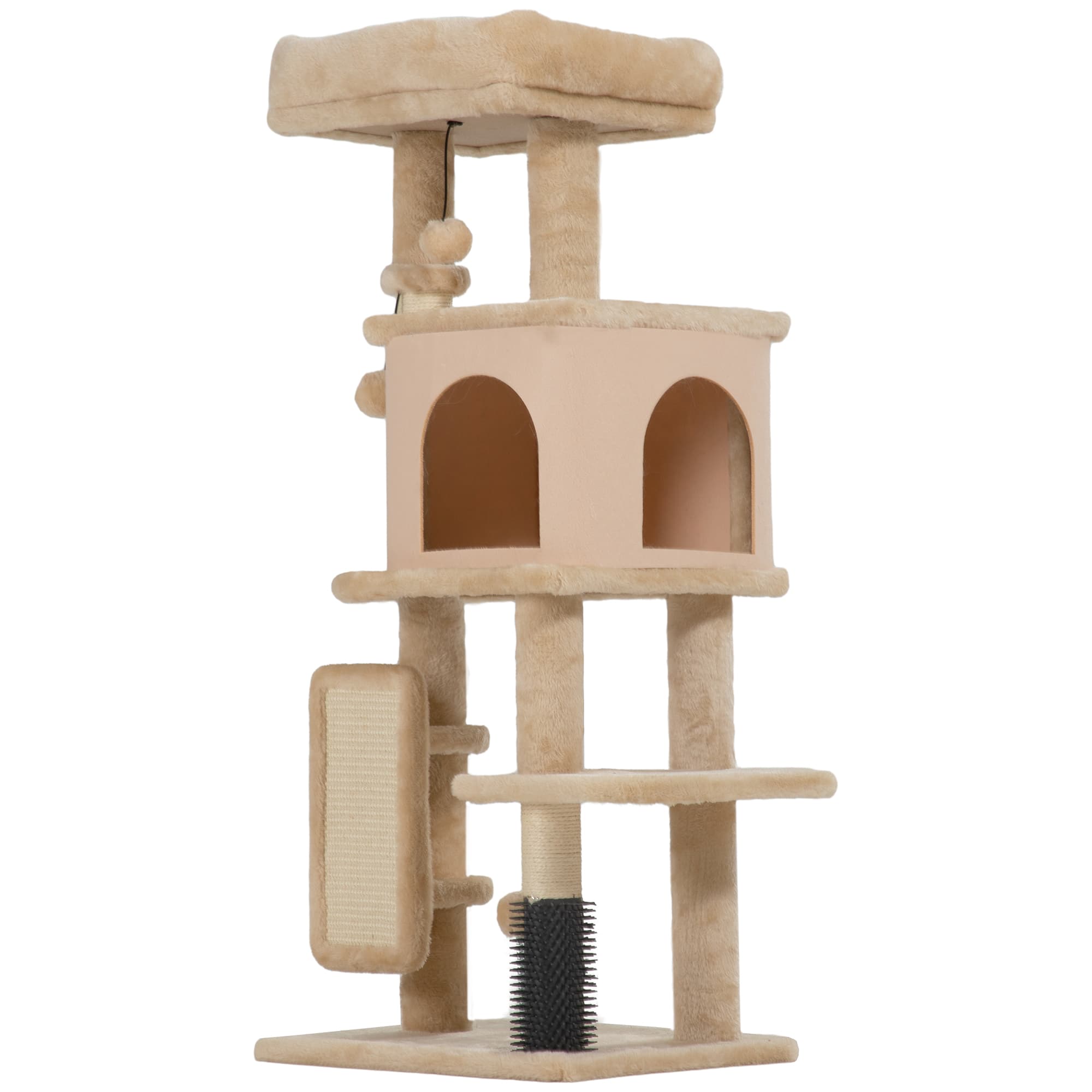PawHut Arbre à Chat, Tour de Jeux, Hauteur de 104 cm, avec Lit, Maison, Brosse de Toilettage, 44l x 34P x 104H cm, Beige