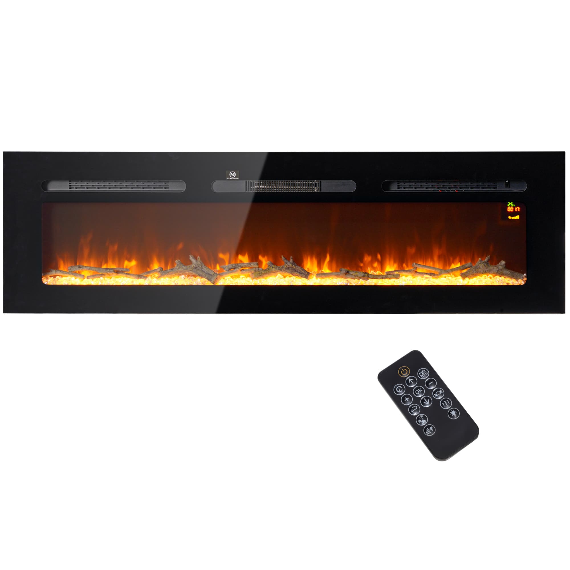 HOMCOM Cheminée électrique avec support mural et télécommande, bûches artificielles et cristaux, puissance 1800 W, noir