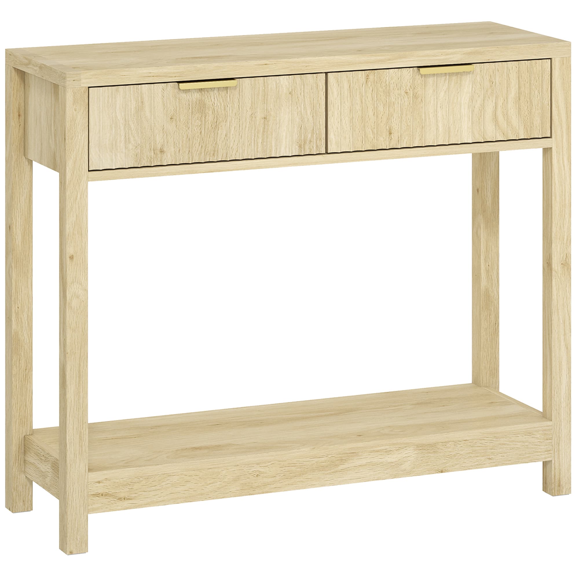 HOMCOM Console meuble 90 cm, table console étroite avec 2 tiroirs rainurés et étagère, style moderne, bois naturel