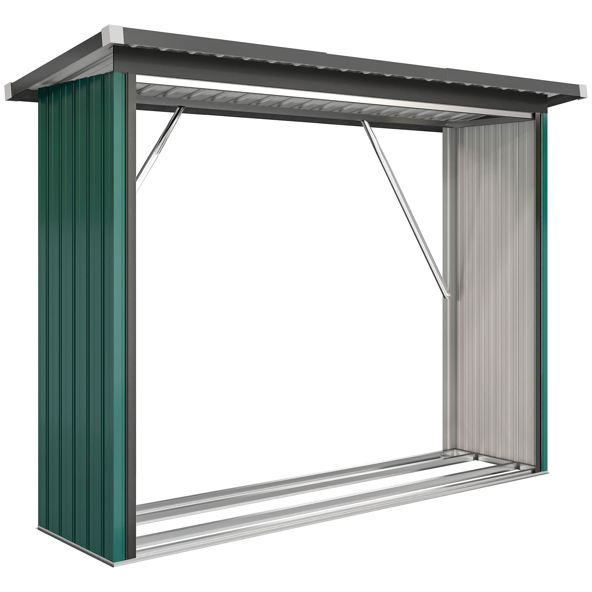 Outsunny Abri-bûches Couvert Support pour Bois de Chauffage Plancher Surélevé Toit Incliné, Acier Galvanisé 213x66,5x150cm Vert