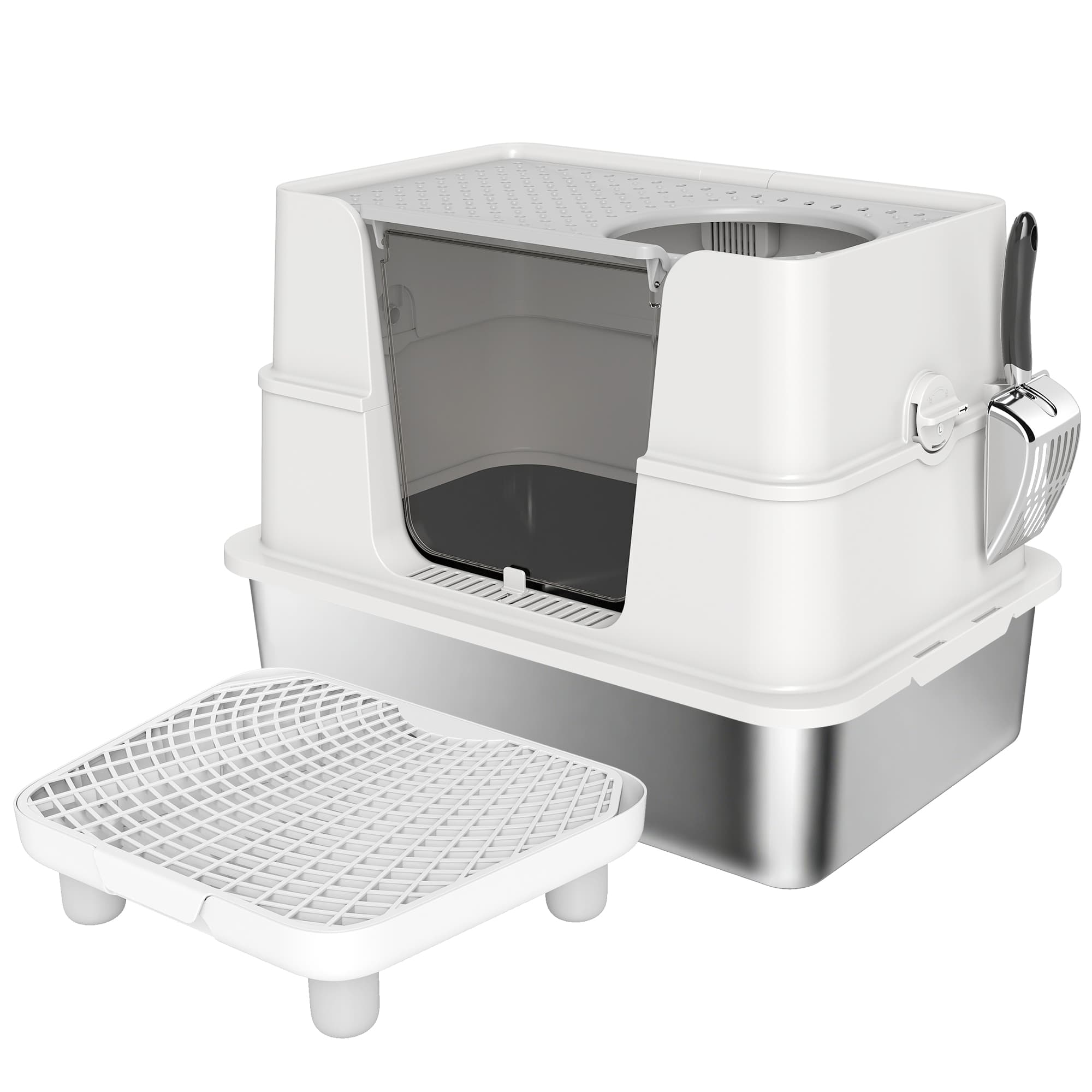 PawHut Bac à Litière XL en Acier Inoxydable pour Grand Chat, Couvercle Pivotant 100°, Pelle, 60,2x40,2x44,5cm, Gris Clair