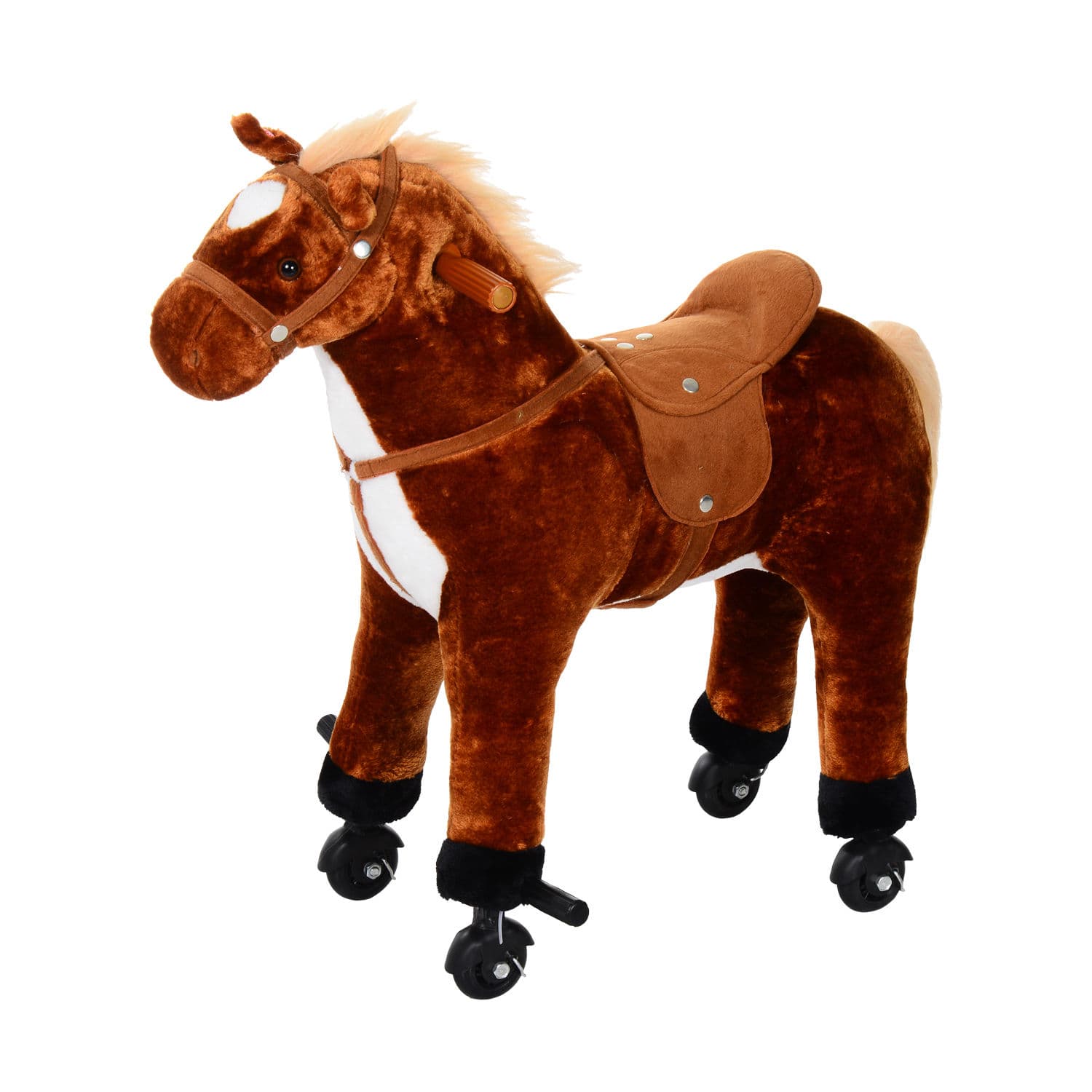 HOMCOM Cheval à Monter pour Enfant, Cheval à Roulettes en Peluche, Sons Réalistes, Poignée, 75 cm de Haut, Marron