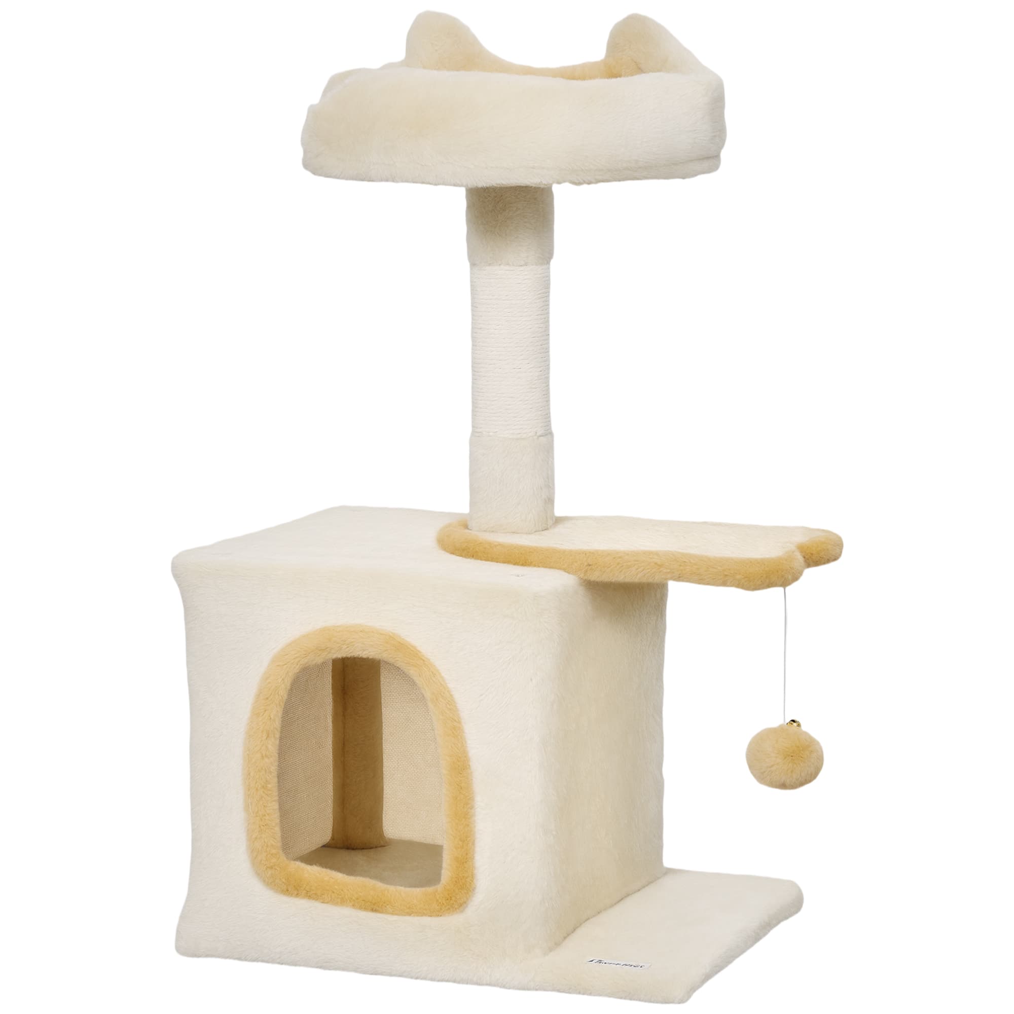 PawHut Arbre à Chat 72 cm, Perchoir Doux, Plateforme en Forme de Poisson, Niche en Peluche, Poteaux en Sisal, Balle, Beige