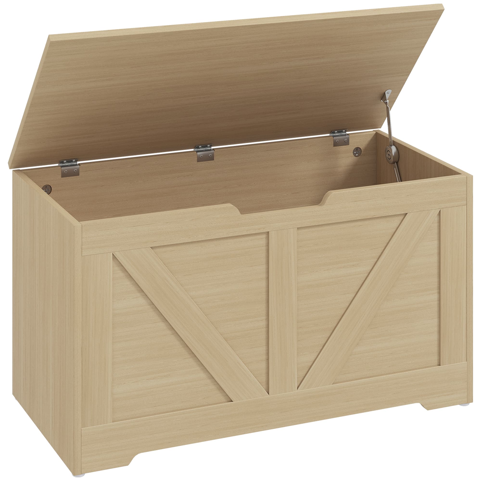 HOMCOM Coffre de rangement, banc de rangement avec couvercle rabattable et charnières de sécurité, 80 x 40 x 45 cm, bois naturel