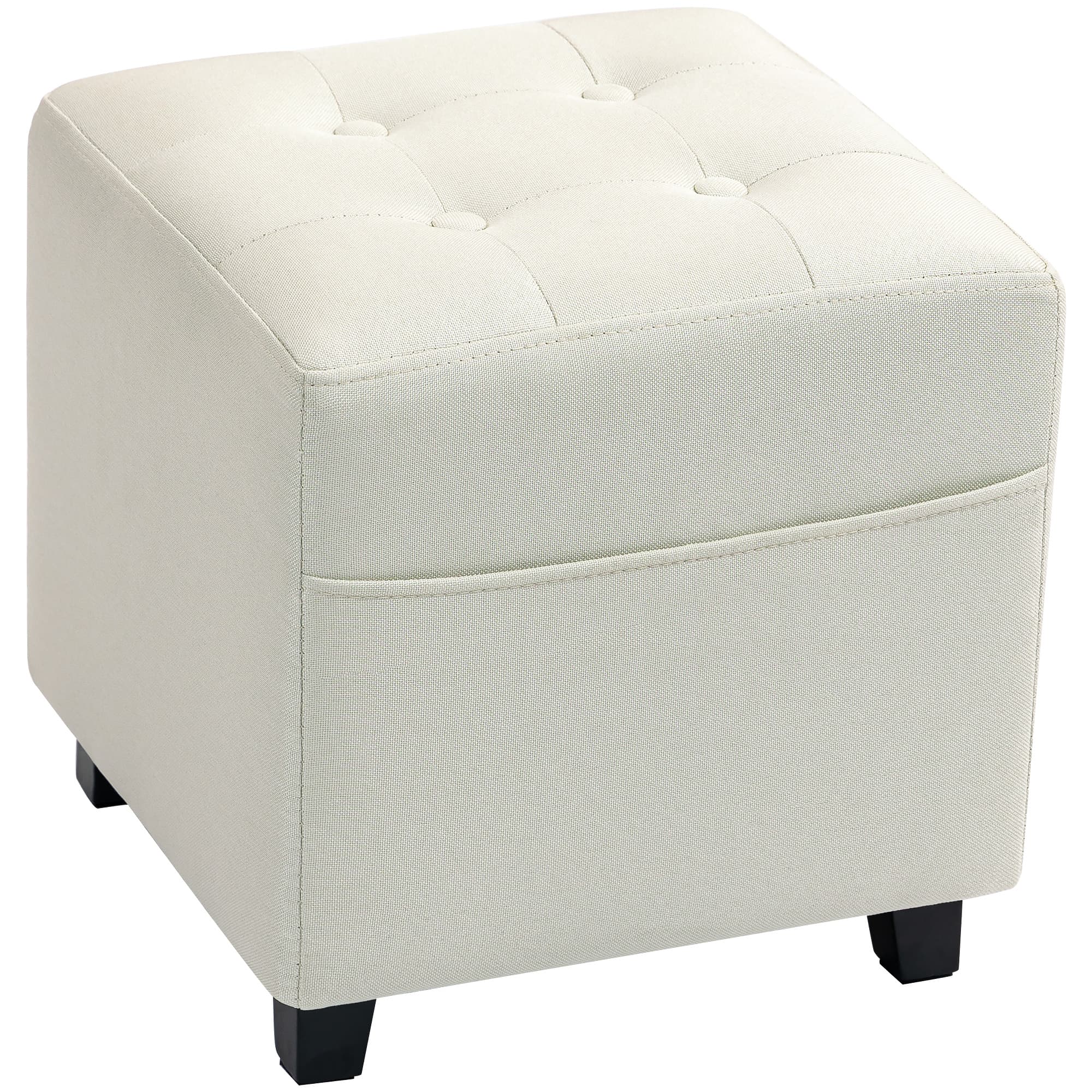 HOMCOM Repose pied salon, ottoman, siège rembourré capitonné en tissu aspect lin avec poche latérale, 35 x 35 x 35 cm, crème