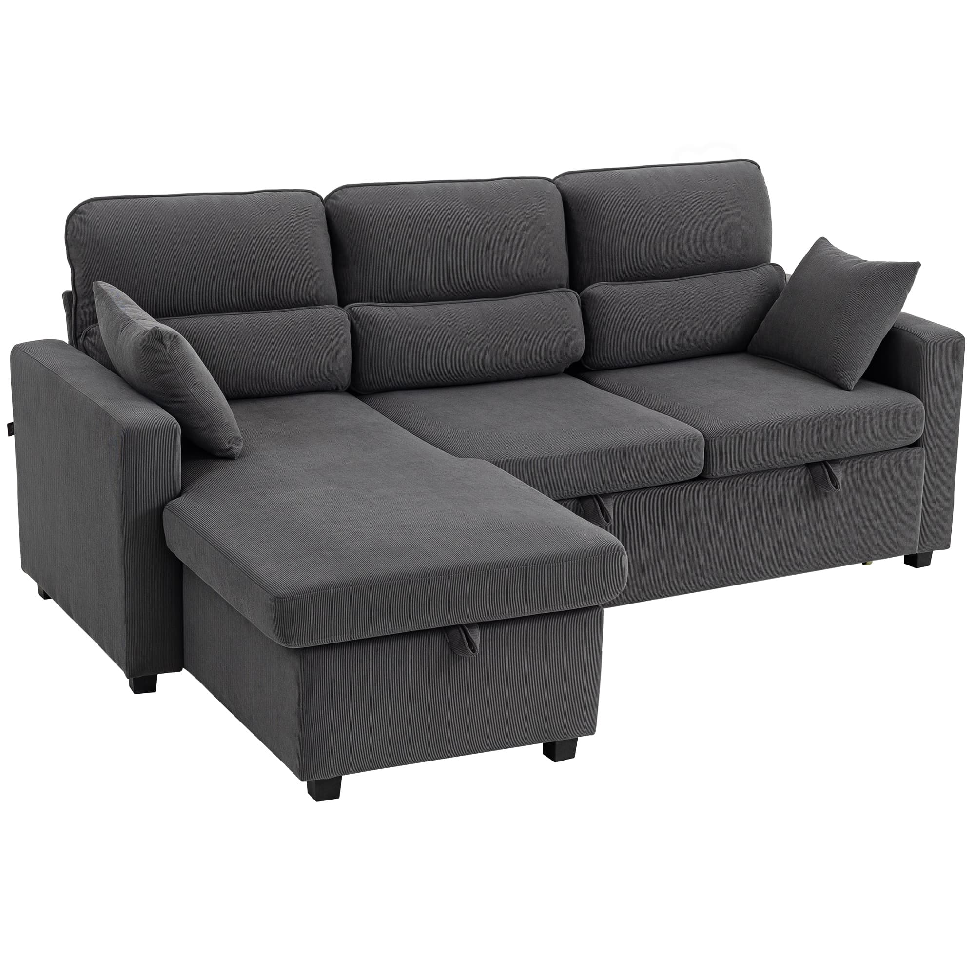 HOMCOM Canapé d'angle convertible en velours côtelé, canapé-lit 3 places avec rangement caché, coussins, 205x135x76cm, gris