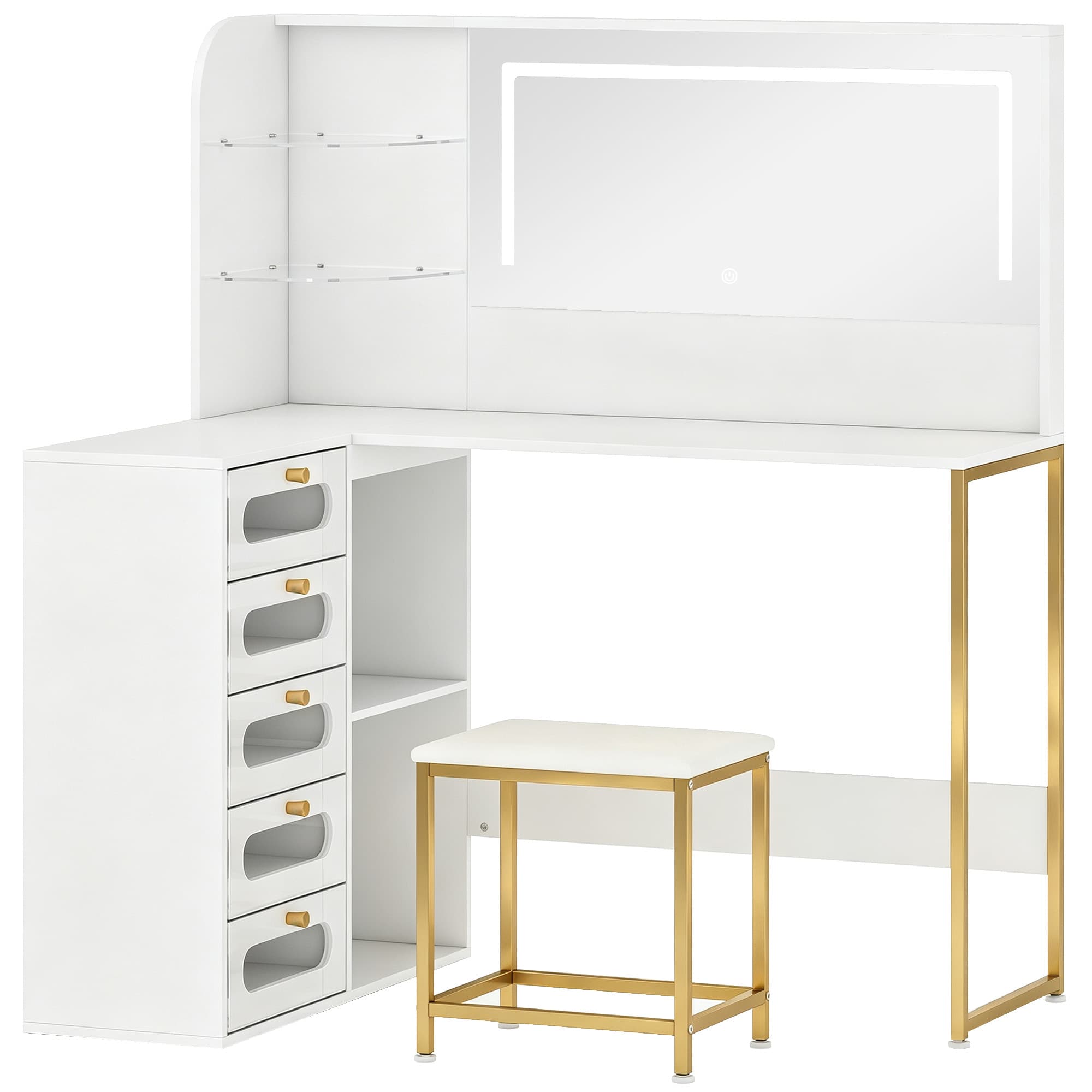 HOMCOM Coiffeuse de maquillage avec miroir Lumières LED Tabouret 5 tiroirs 2 compartiments et 2 étagères en verre Blanc