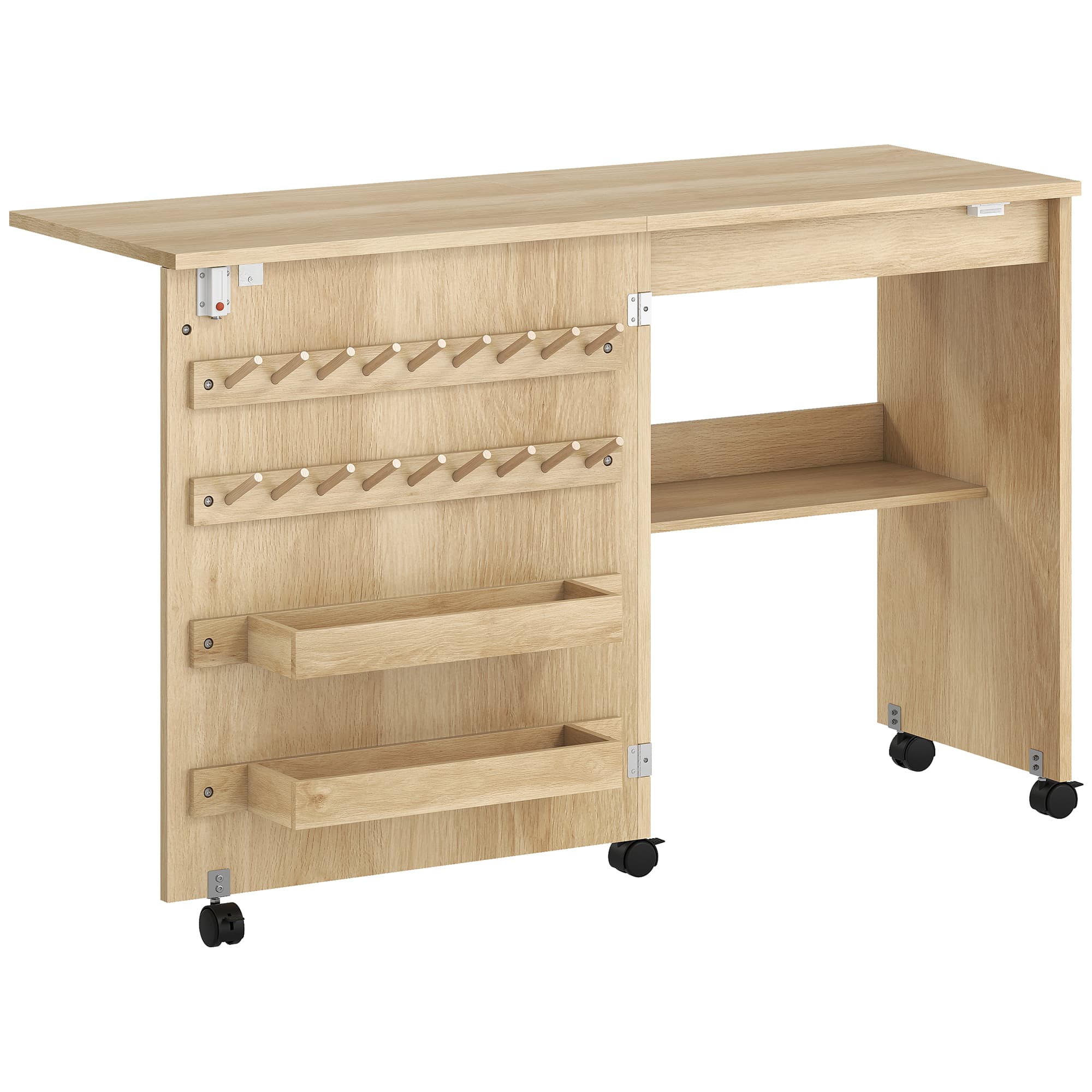 HOMCOM Table de Couture Pliante, Meuble Couture Roulant, Porte Magnétique de Grange, 2 Bacs, Étagère, 18 Chevilles, Naturel