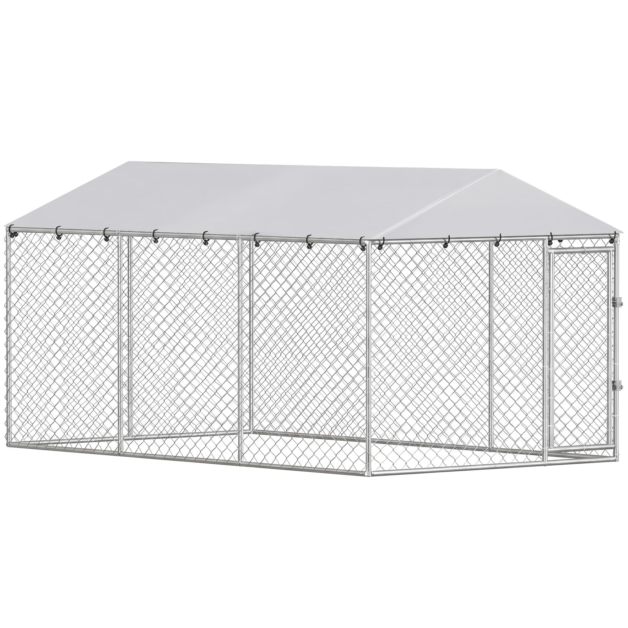 PawHut Enclos pour Chiens d'Extérieur avec Grillage Galvanisé et Serrure, en Acier et Tissu Oxford, 4x2.3x2 m, Argent