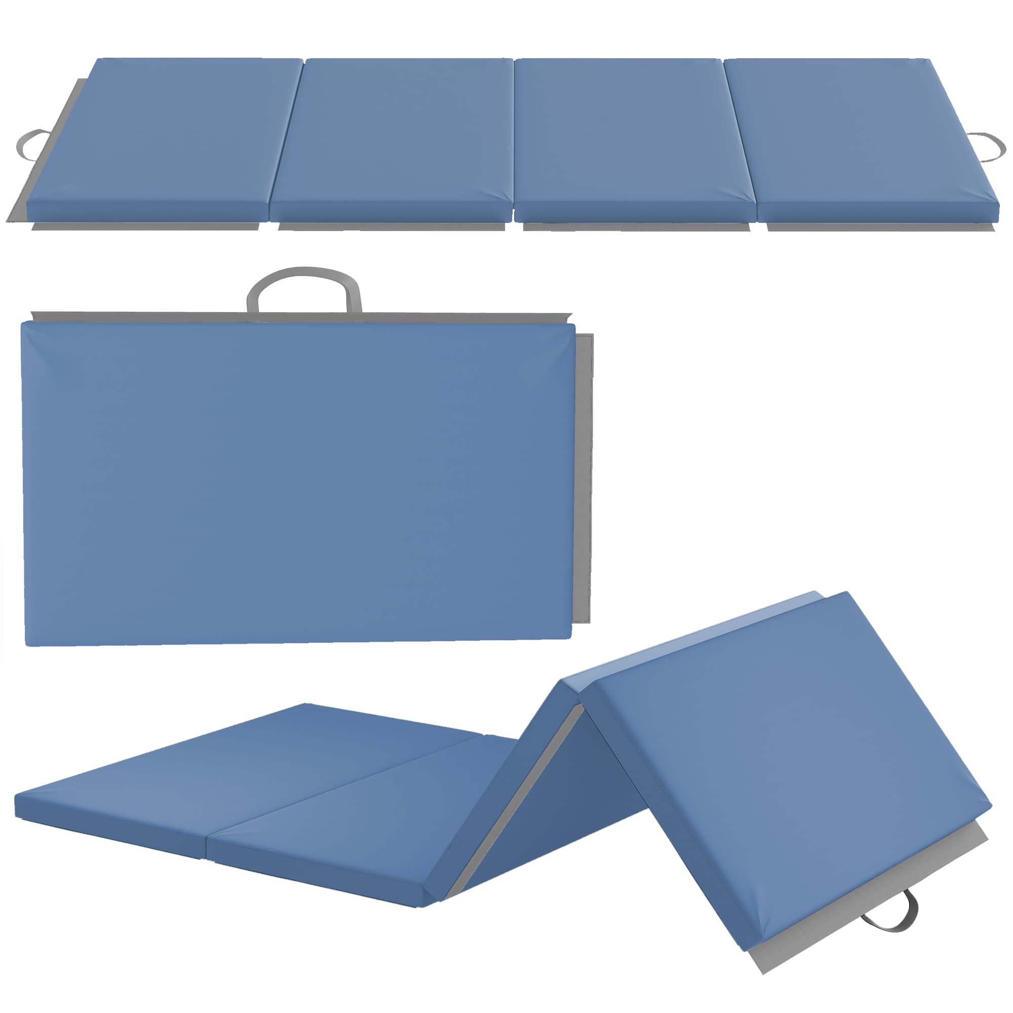 HOMCOM Tapis de gymnastique yoga pilates fitness pliable en 4 avec poignées revêtement synthétique 180 x 80 x 5 cm bleu clair