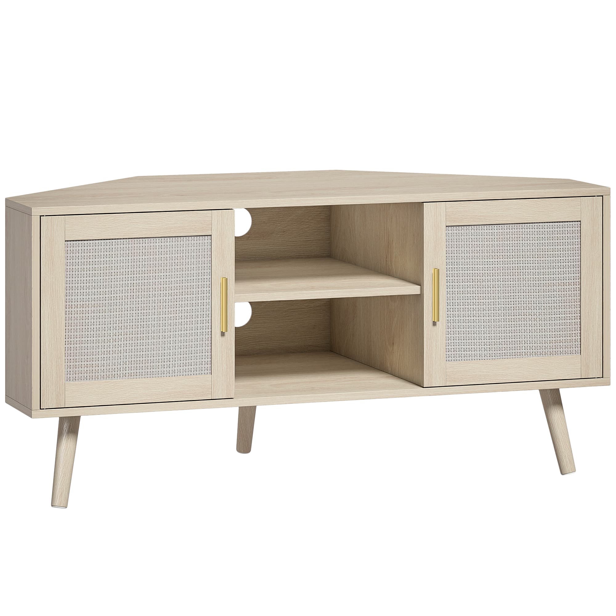 HOMCOM Meuble TV d'Angle 115 cm, Meuble Télé pour Téléviseur jusqu'à 65 Pouces, 2 Portes en Rotin 2 Compartiments, Chêne