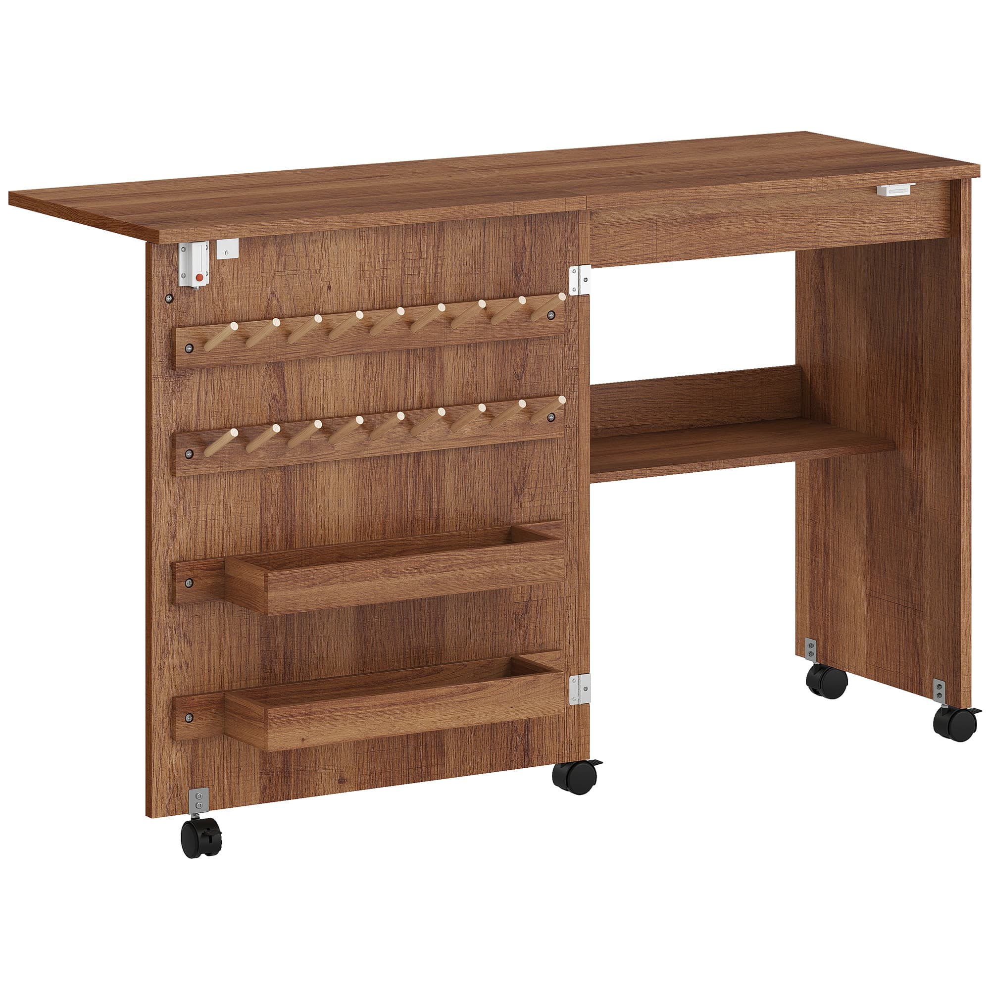 HOMCOM Table de Couture Pliante, Meuble Couture Roulant, Porte Magnétique de Grange, 2 Bacs, Étagère, 18 Chevilles, marron