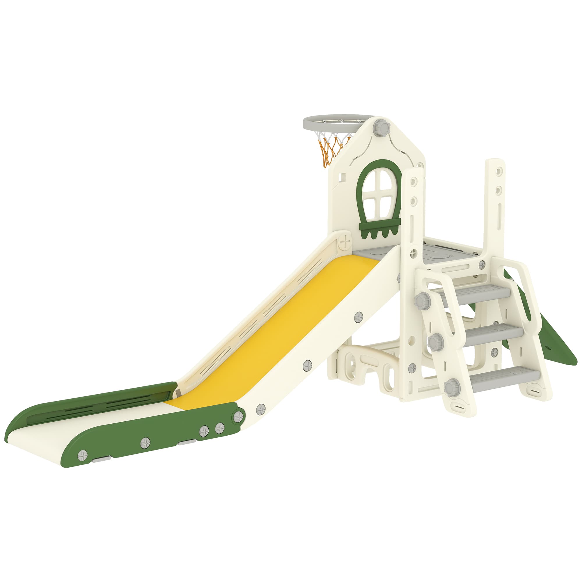 AIYAPLAY Toboggan pour Enfant Pliable 4-en-1 avec Escalade, Panier de Basket, Espace de Rangement et Ballon, Crème