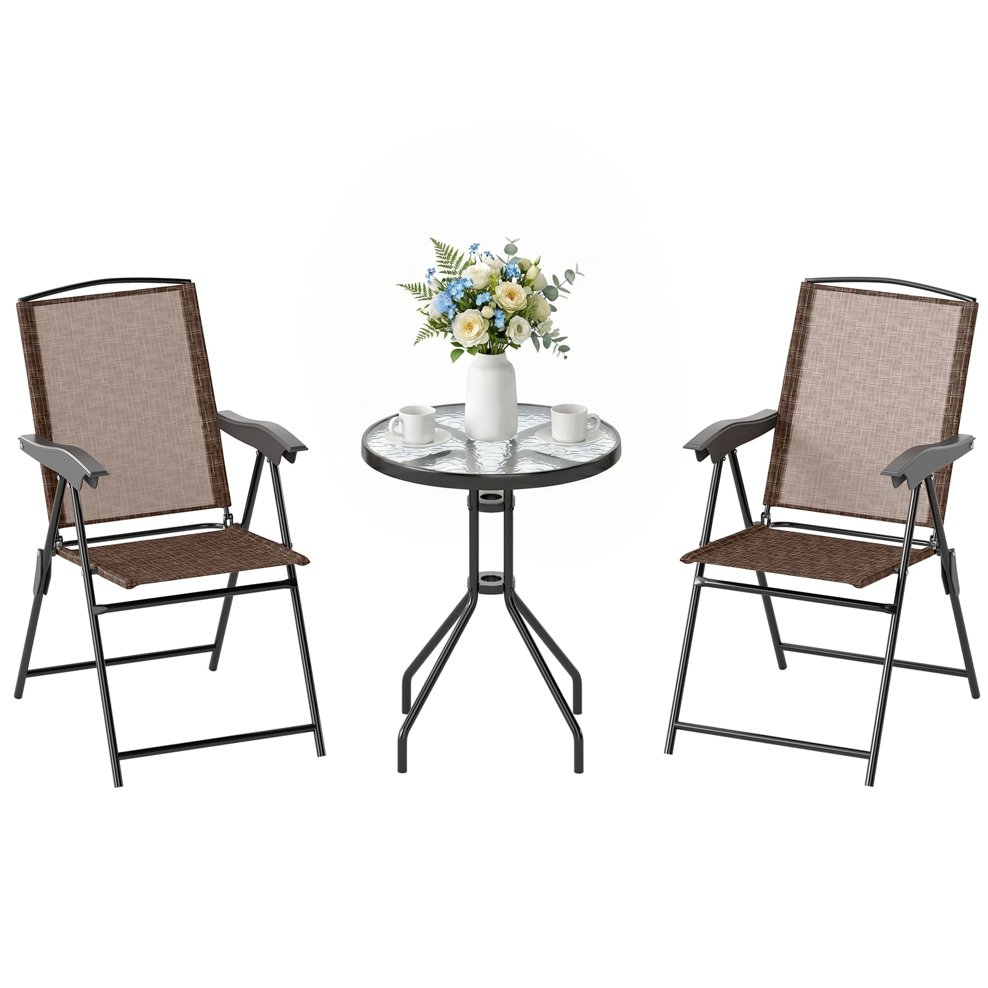 Outsunny Ensemble de jardin 3 pièces 2 chaises inclinables multi-positions pliables + table ronde verre trempé métal époxy textilène chocolat