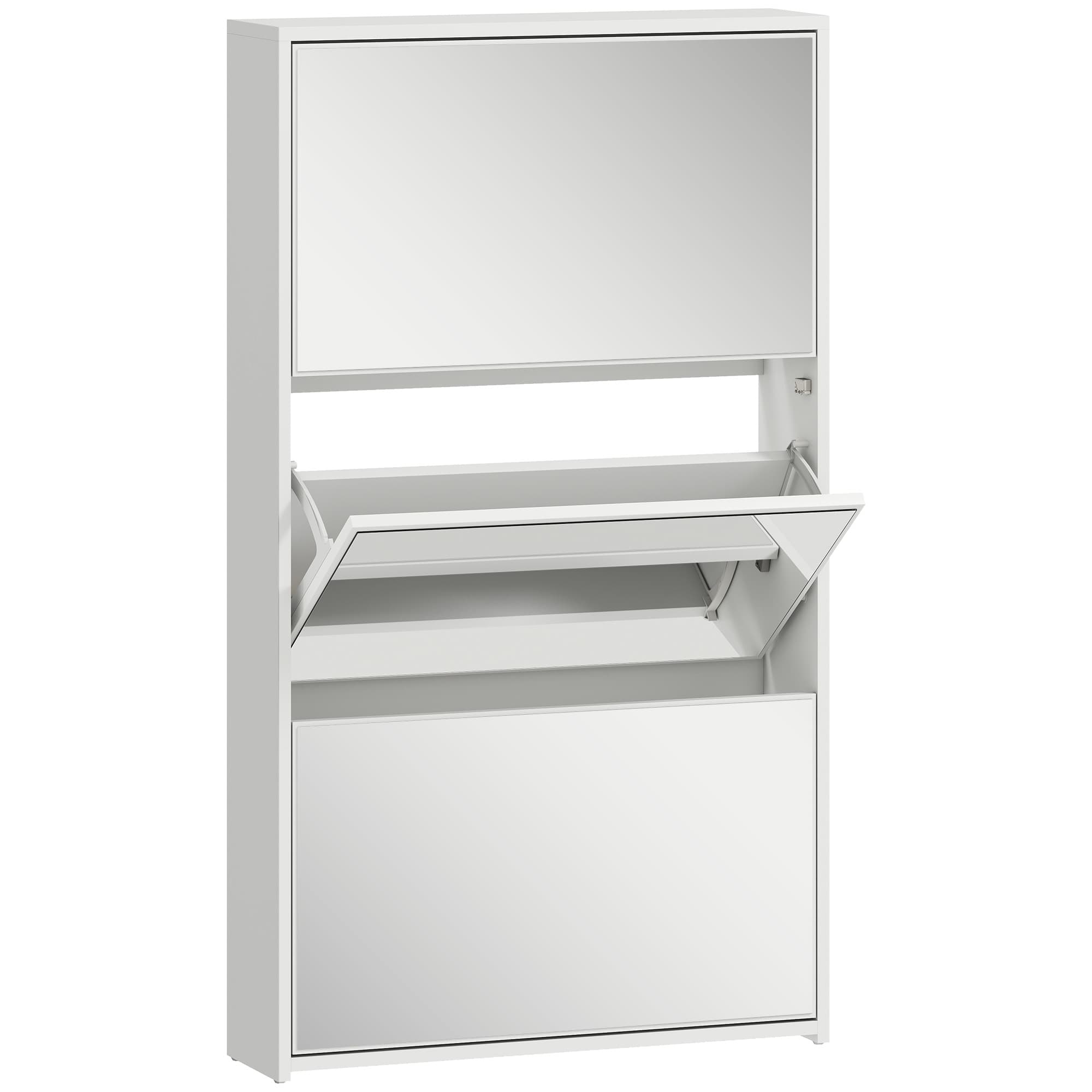 HOMCOM Meuble à chaussures 9 paires, armoire à chaussures étroite, 3 tiroirs rabattables et portes miroirs, 65x17x114,5cm blanc