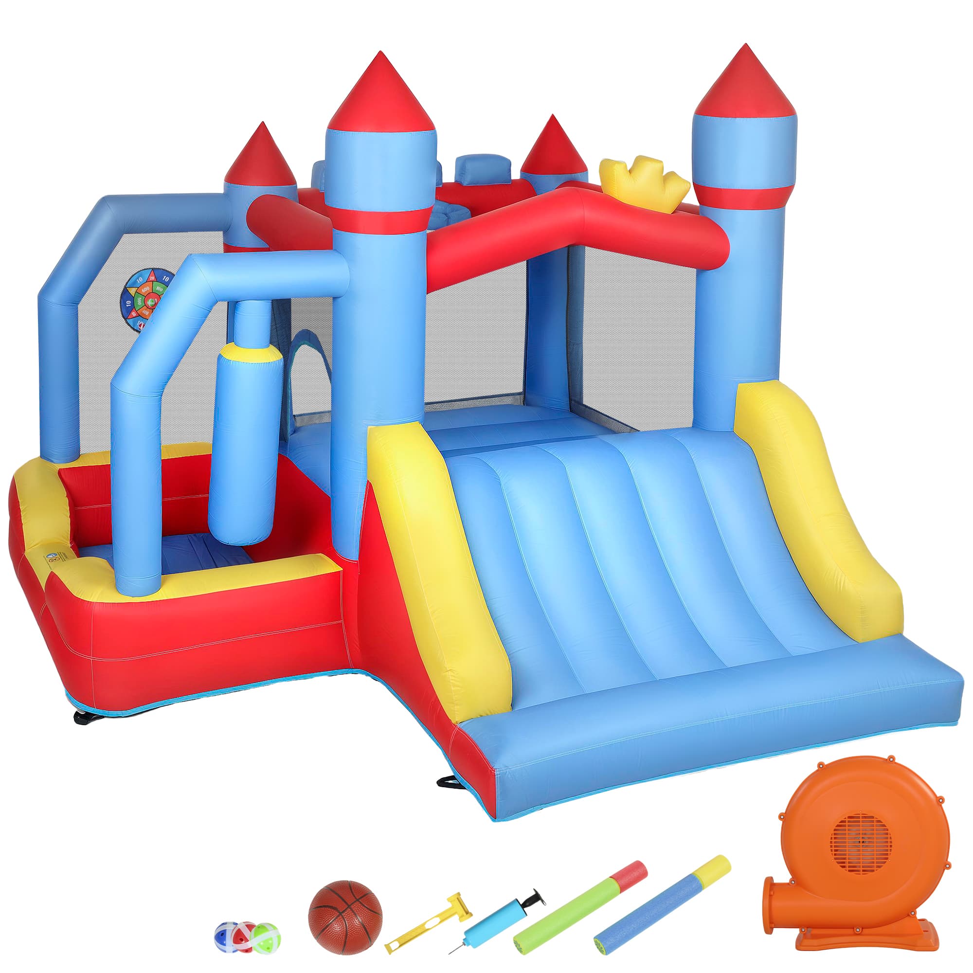 AIYAPLAY Château gonflable 5 en 1 avec souffleur, parc aquatique structure gonflable, toboggans, trampoline, multicolore