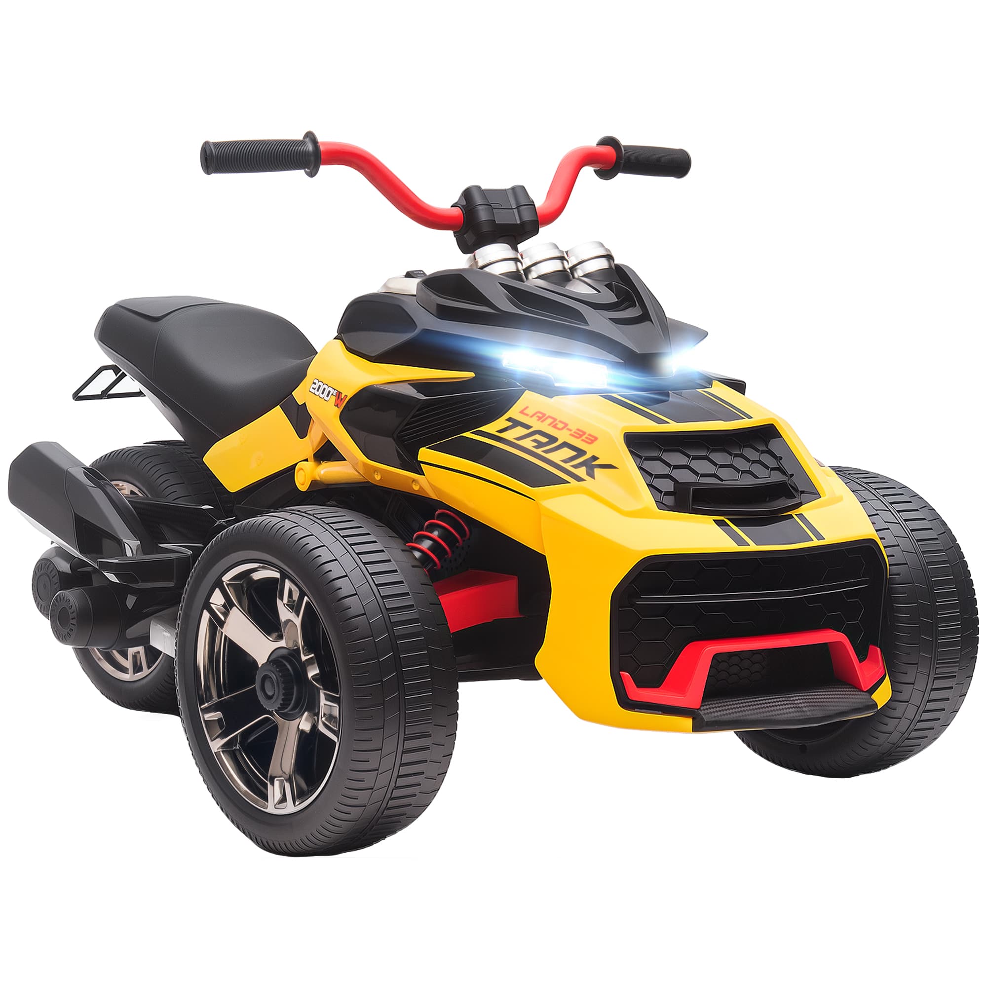 AIYAPLAY Quad électrique enfants voiture électrique enfants 12V 3 roues 2 moteurs lecteur MP3, klaxon, 2 vitesses 3-5 km/h jaune