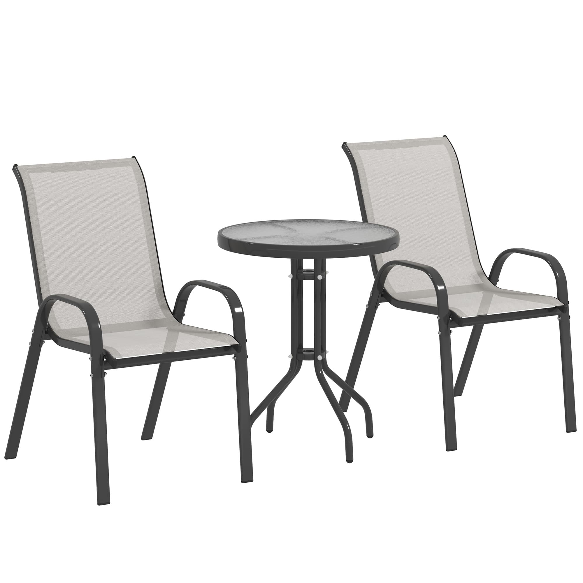 Outsunny 3 pièces salon de jardin extérieur ensemble de meubles 2 fauteuils empilables table basse dessus verre trempé gris clair