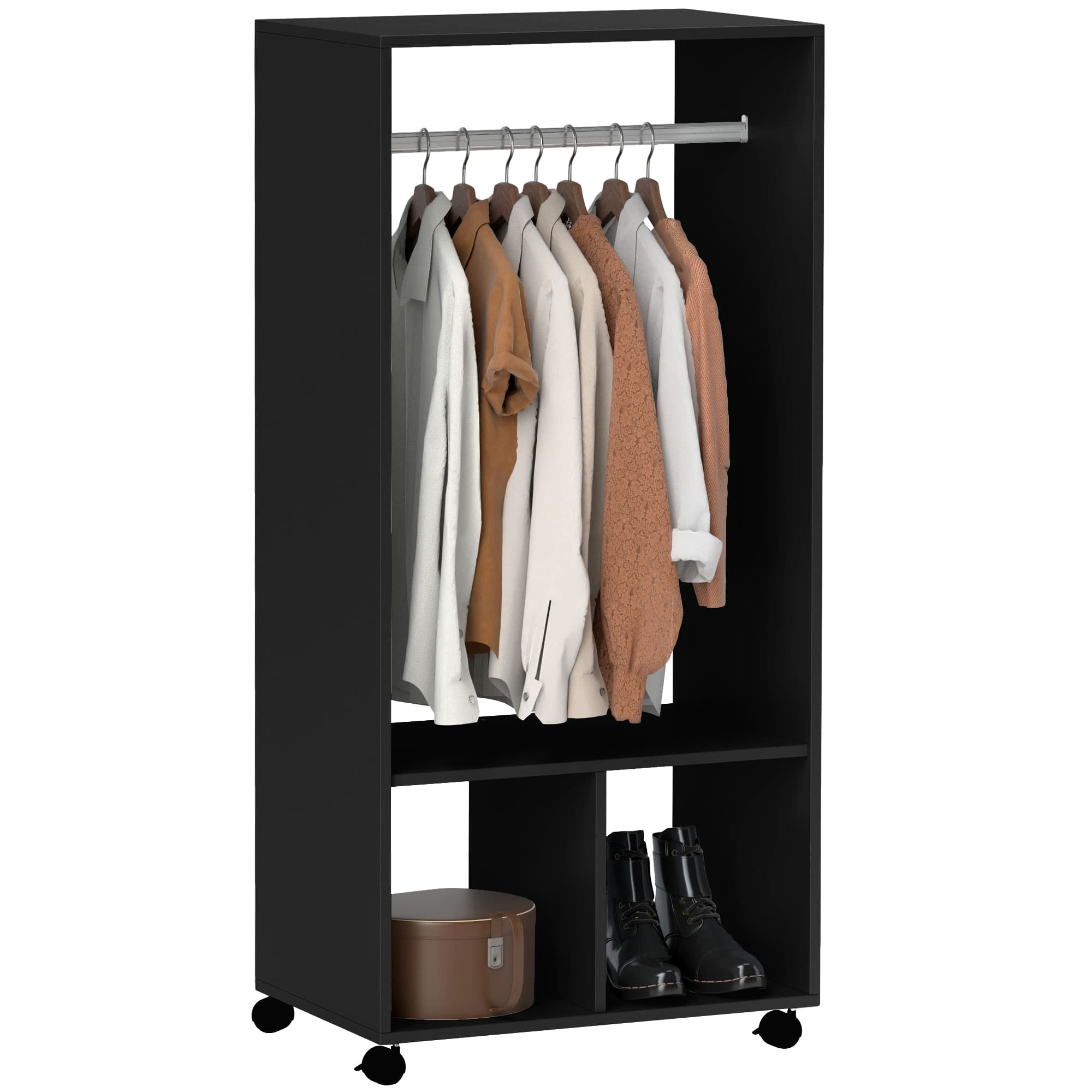 Homcom Penderie Mobile Noire Étagère 2 Niches 4 Roulettes 60x40x128cm Aosom France