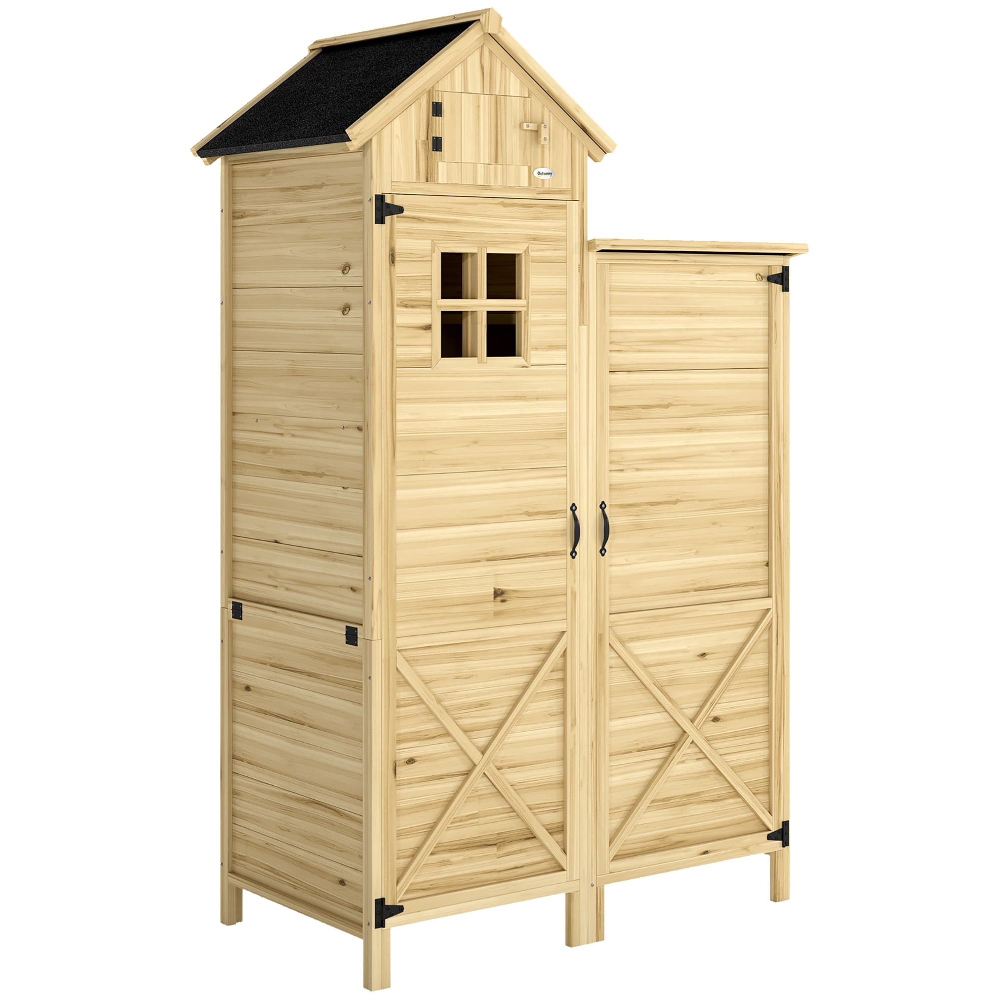 Outsunny Armoire de Jardin en Bois Abri de Jardin Toit en Asphalte Double Zone et Étagères Réglables 106x57x167cm Naturel