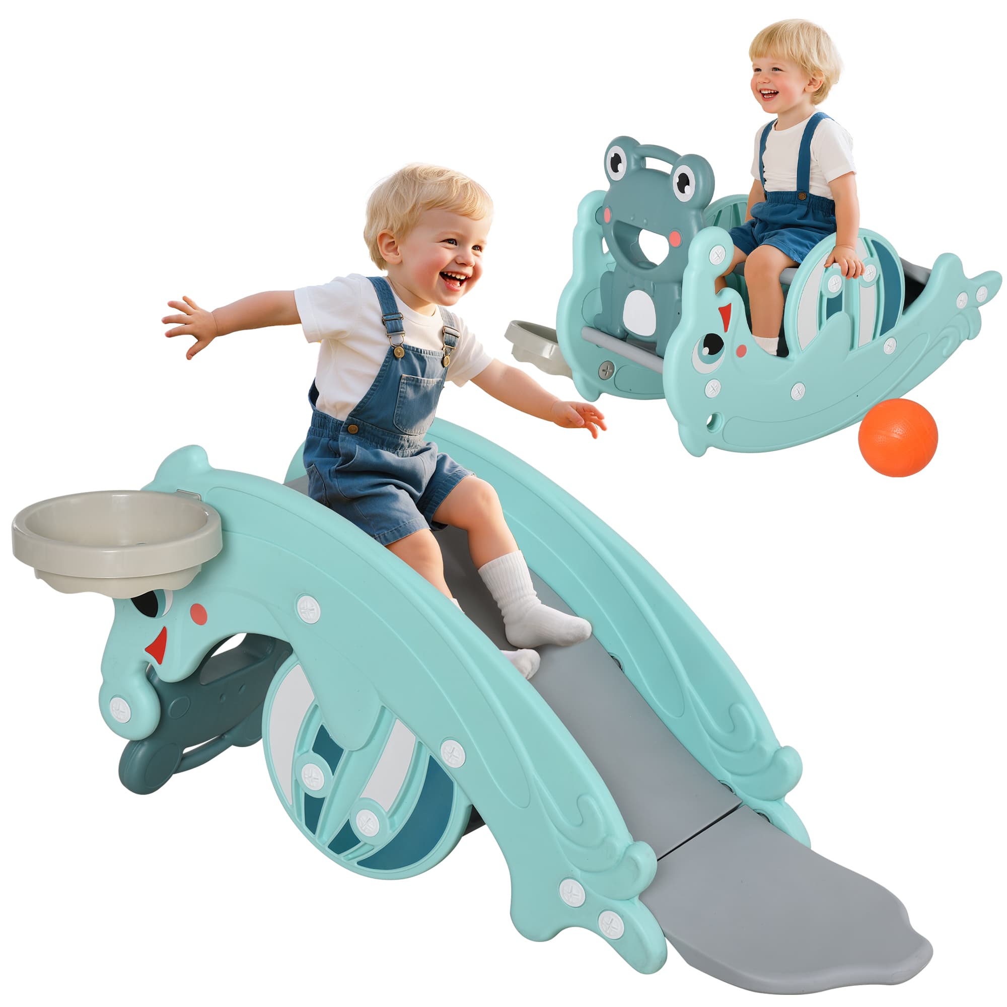 HOMCOM Cheval à Bascule Grenouille 3 en 1 Toboggan Basket Jouet Enfant de 3 à 5 Ans 72 x 34 x 47 cm Vert