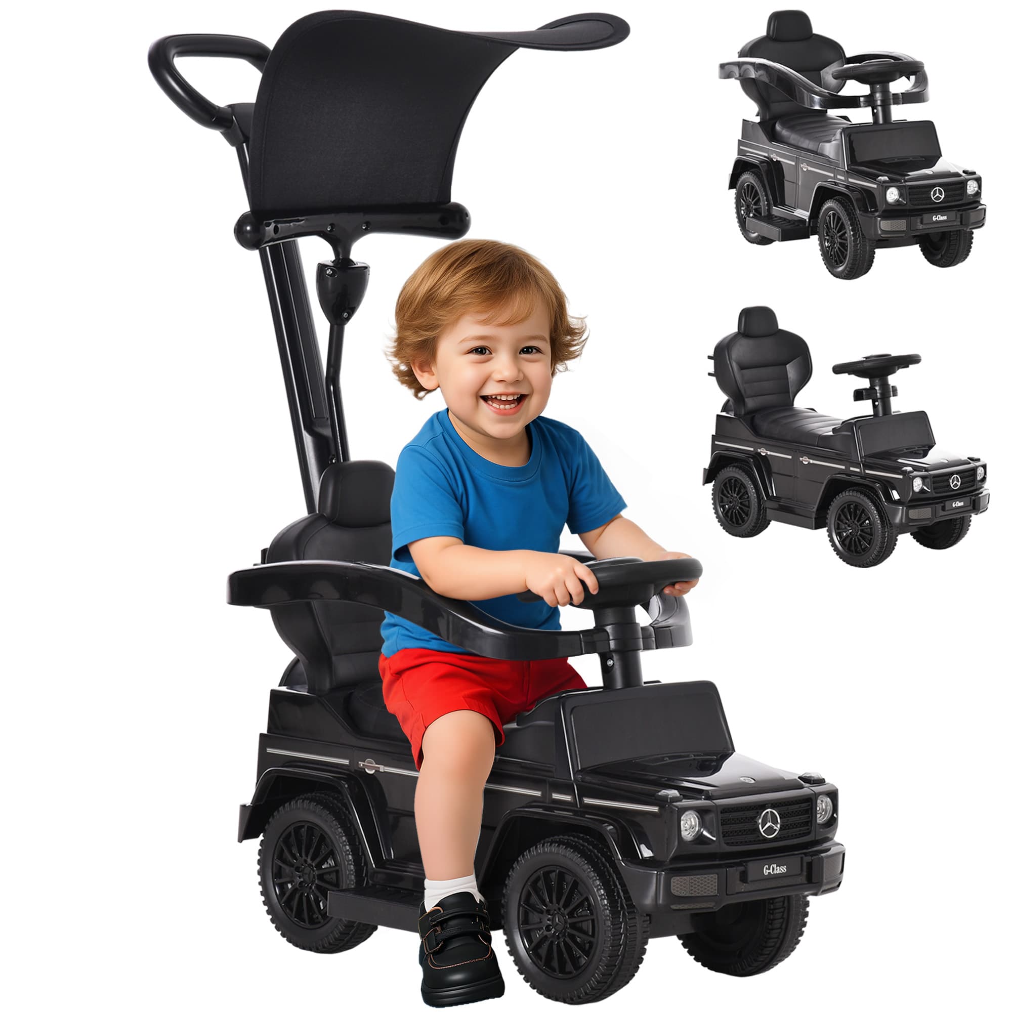 HOMCOM Porteur Voiture pour Enfant voiture à pousser, roues pour 12 à 36 mois en plastique noir incl. avec klaxon, avec ombrelle Aosom France