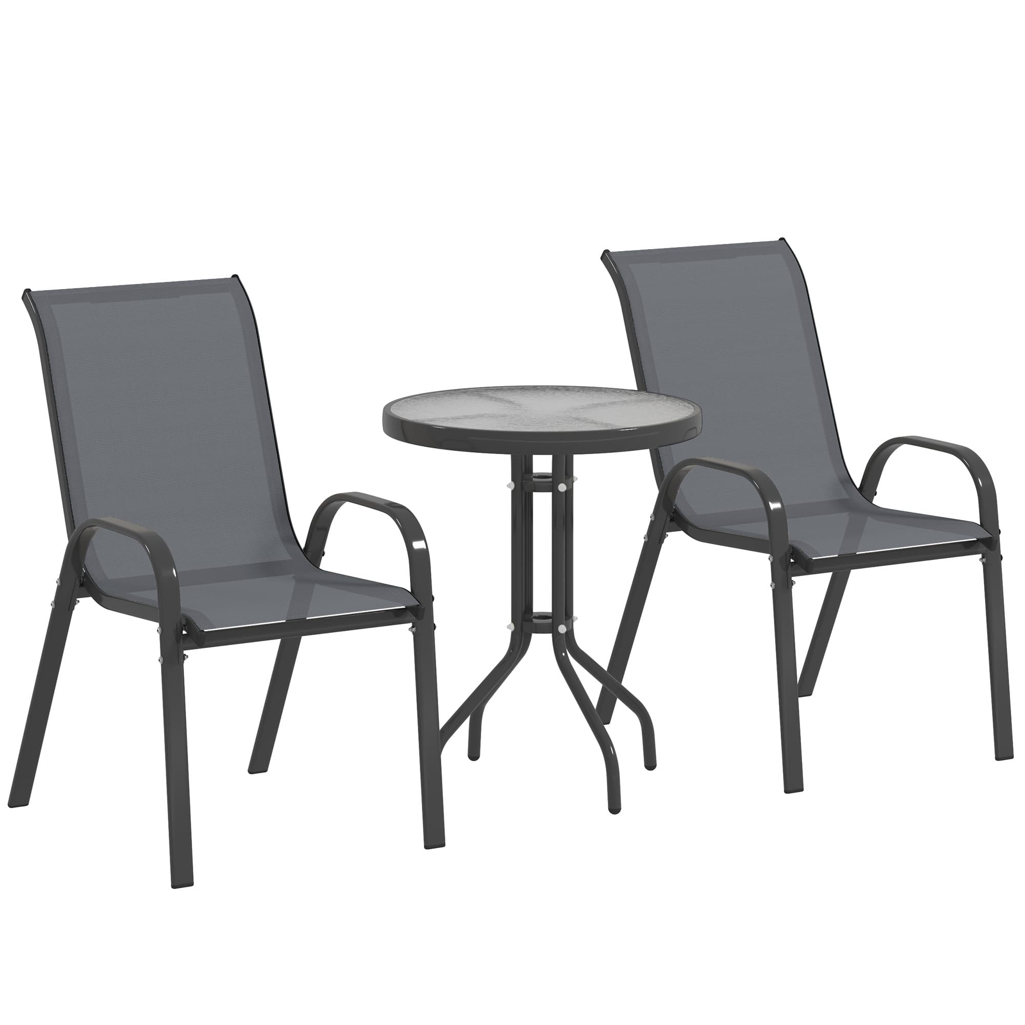 Outsunny 3 pièces salon de jardin extérieur ensemble de meubles 2 fauteuils empilables table basse dessus verre trempé gris foncé