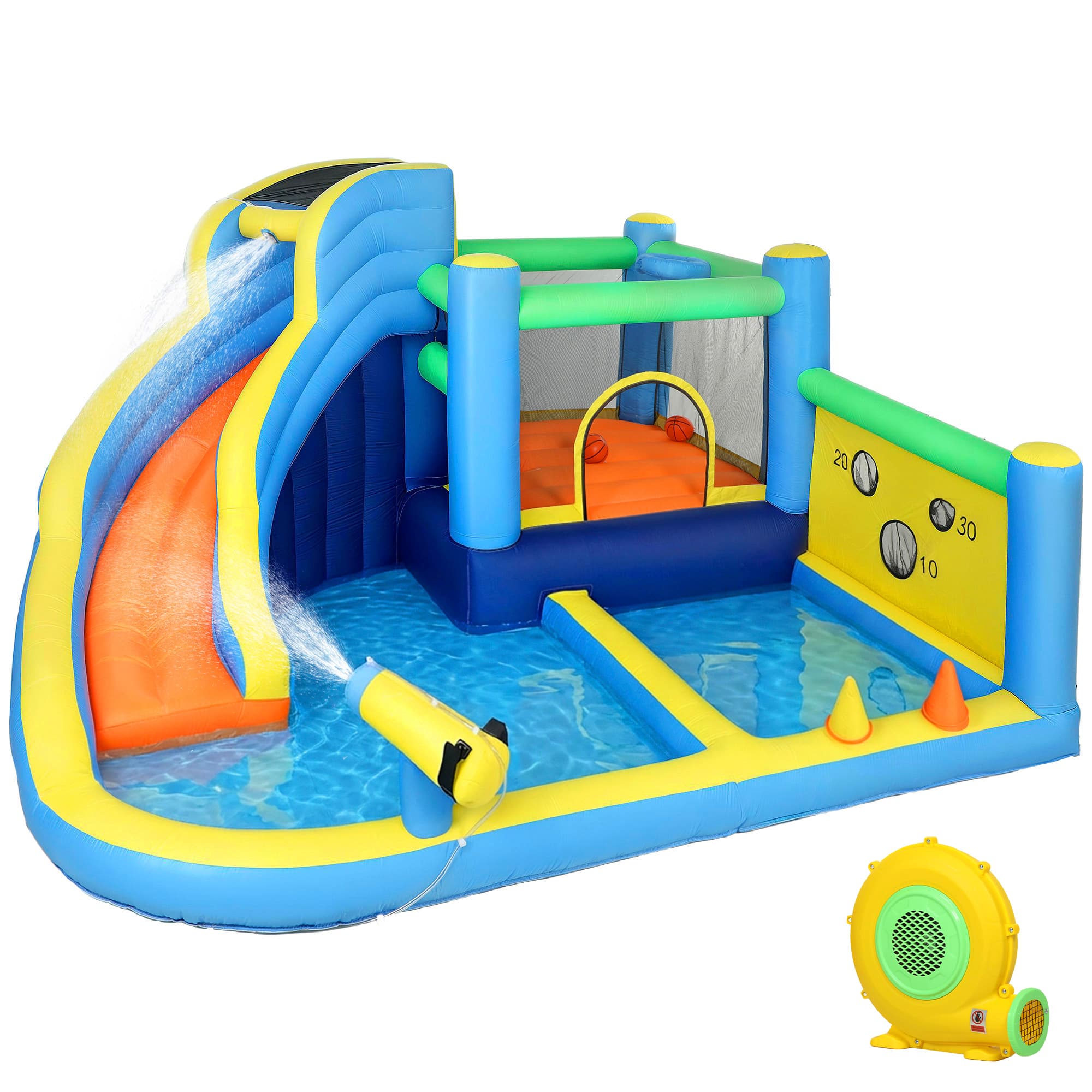 AIYAPLAY Château gonflable avec souffleur 8 en 1, parc aquatique, toboggan, trampoline, piscine à balles, oxford, multicolore