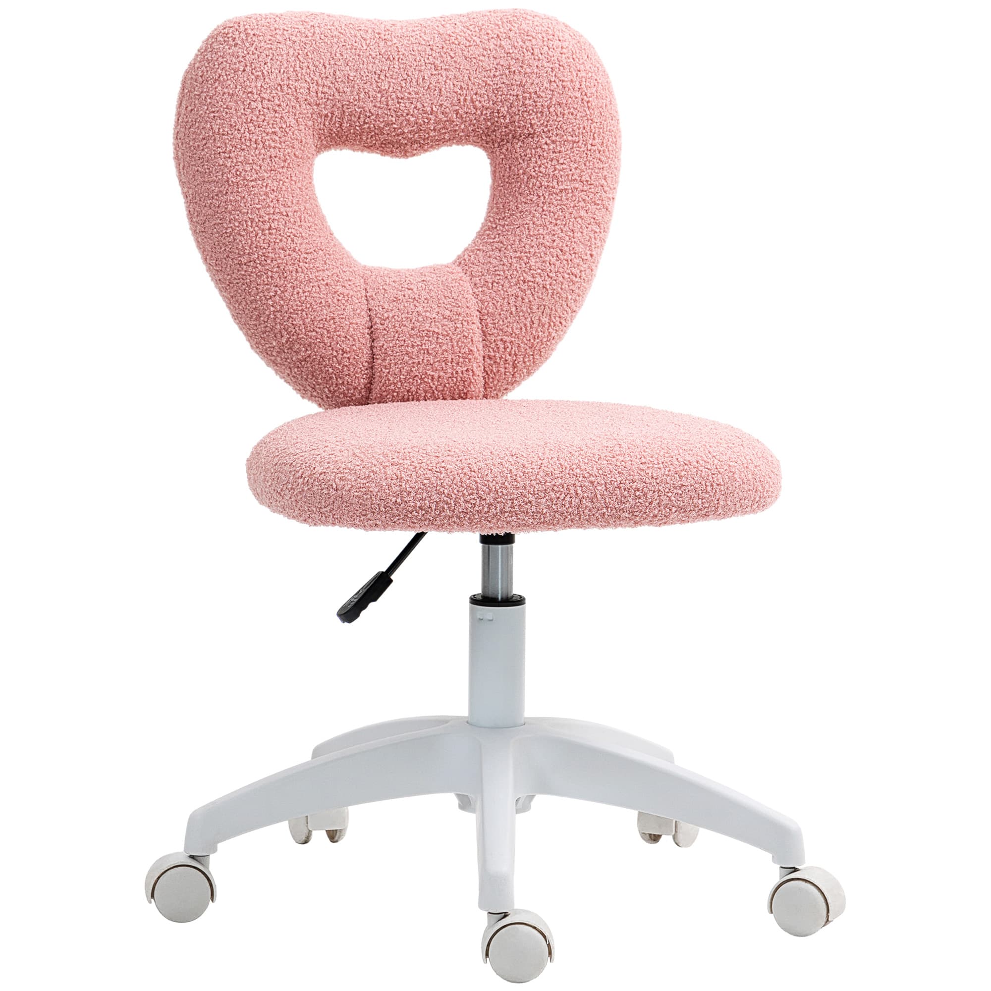 HOMCOM Chaise de bureau pivotante avec dossier en cœur, sans accoudoirs, chaise rembourrée pour chambre, velours teddy, hauteur réglable, maquillage, bureau, chambre, capacité 120 kg Rose