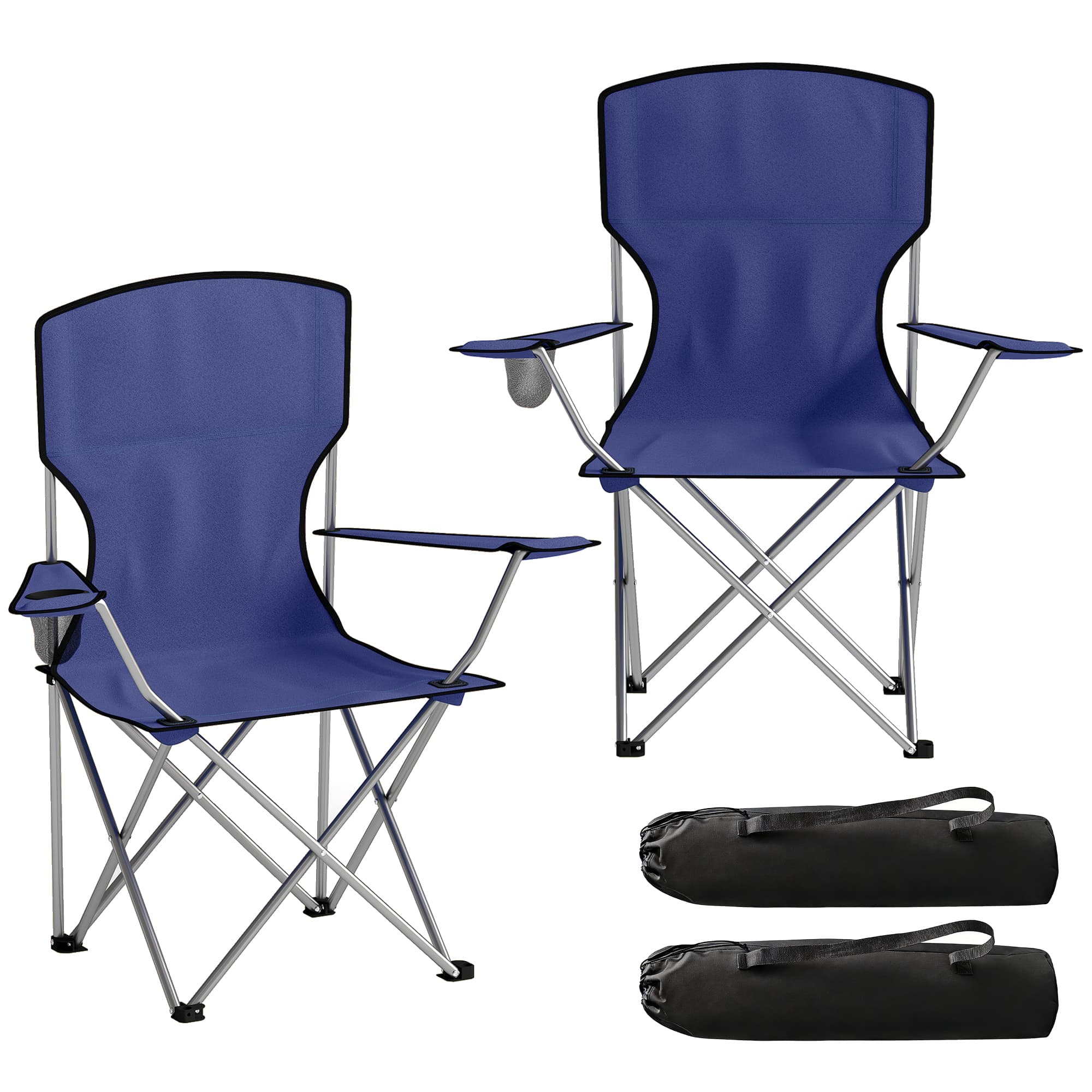 Outsunny Lot de 2 Chaises de Camping Pliantes avec Porte-Gobelet, Sac de Transport, Dossier Haut, 88x57x97cm, Bleu Foncé