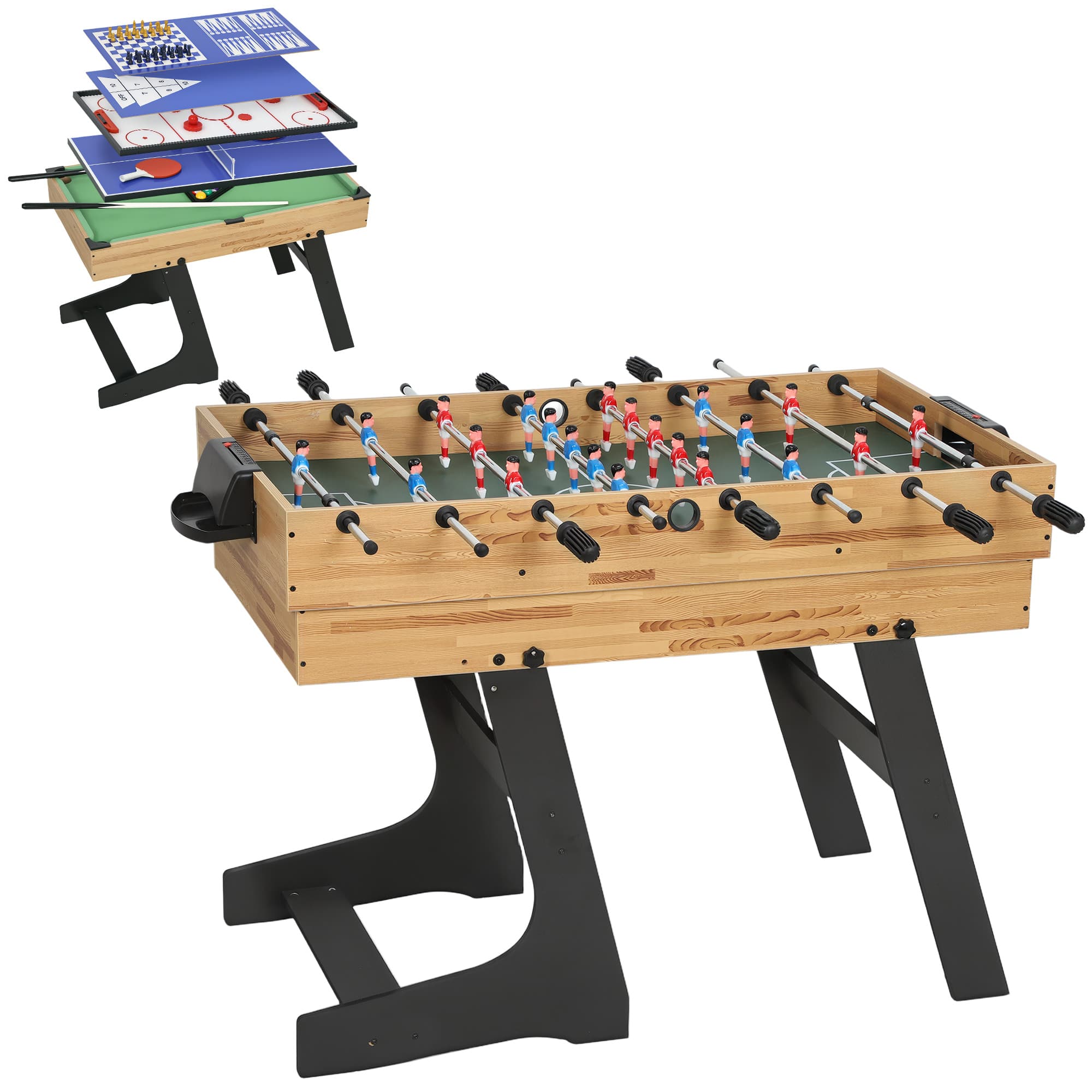 SPORTNOW Table multijeux 13 en 1 pliable, table de jeu baby-foot, billard, pour enfants et adultes 120 x 106 x 82 cm noyer clair