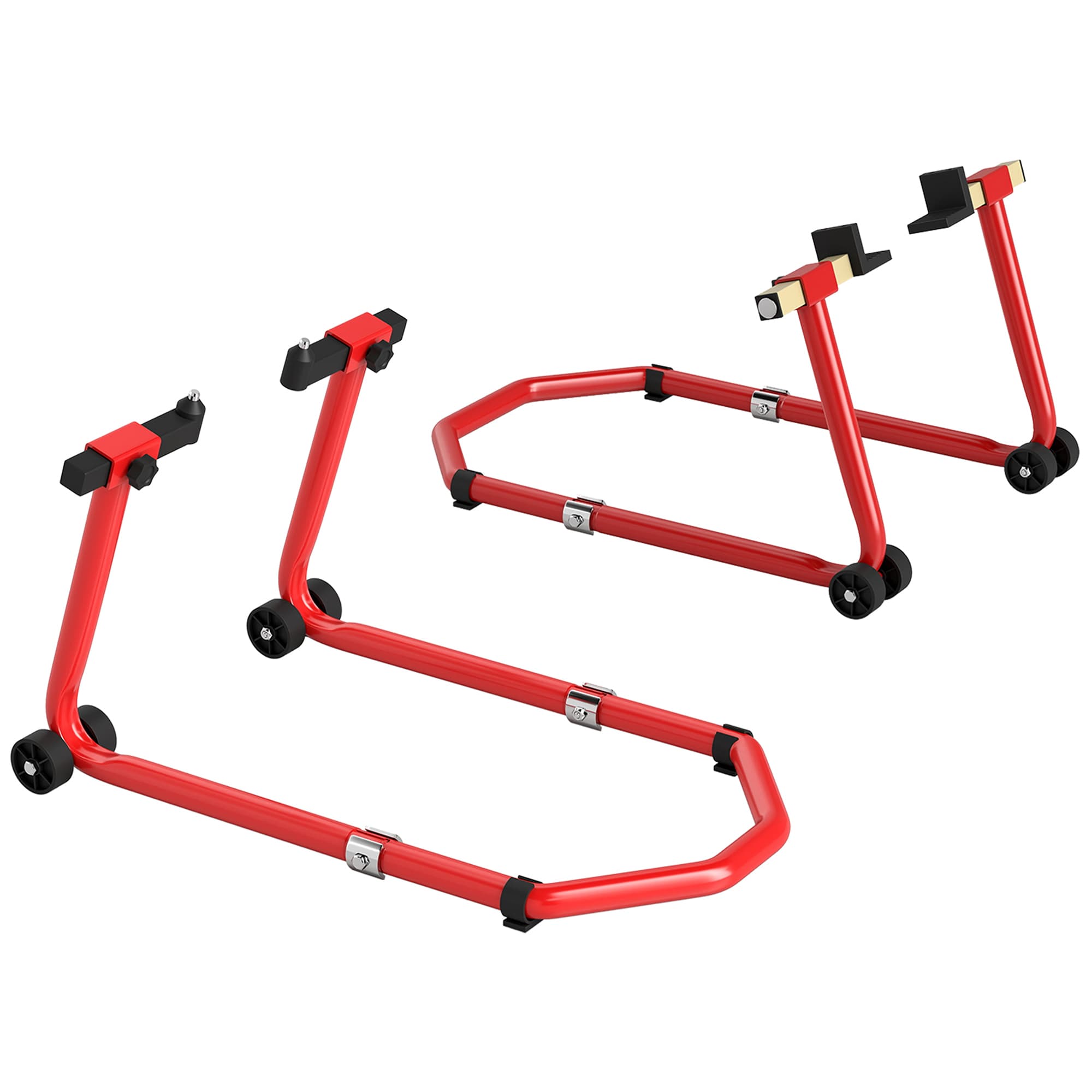 HOMCOM Béquille Moto, Capacité 390 kg, Support Avant et Arrière Réglable avec Fourches U+L, Clips de Serrage, 43x36x64cm, Rouge