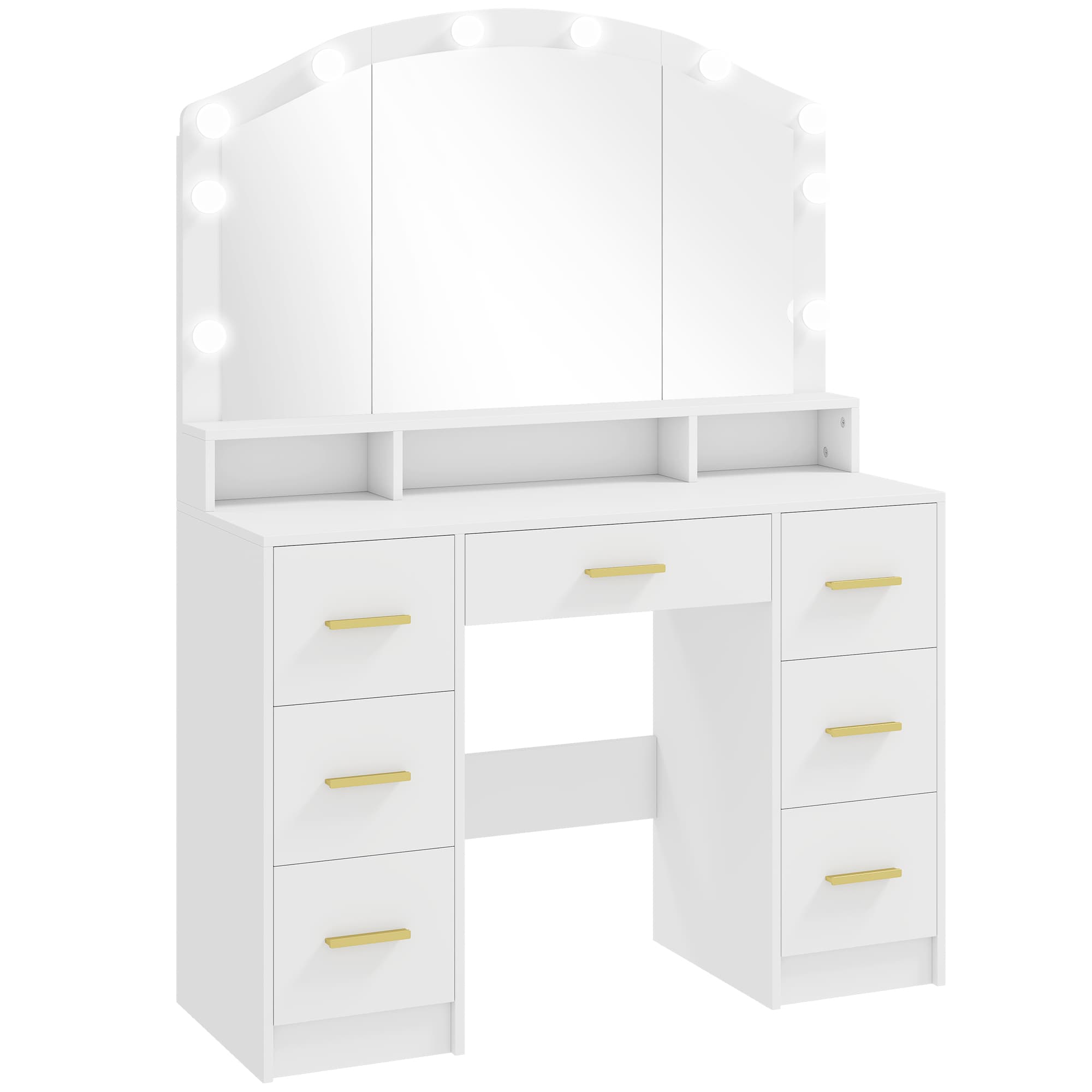 HOMCOM Coiffeuse avec Miroir, Lumières LED Réglable 3 Couleurs, 7 Tiroirs, 3 Compartiments Ouverts, 110 x 40 x 150 cm, Blanc