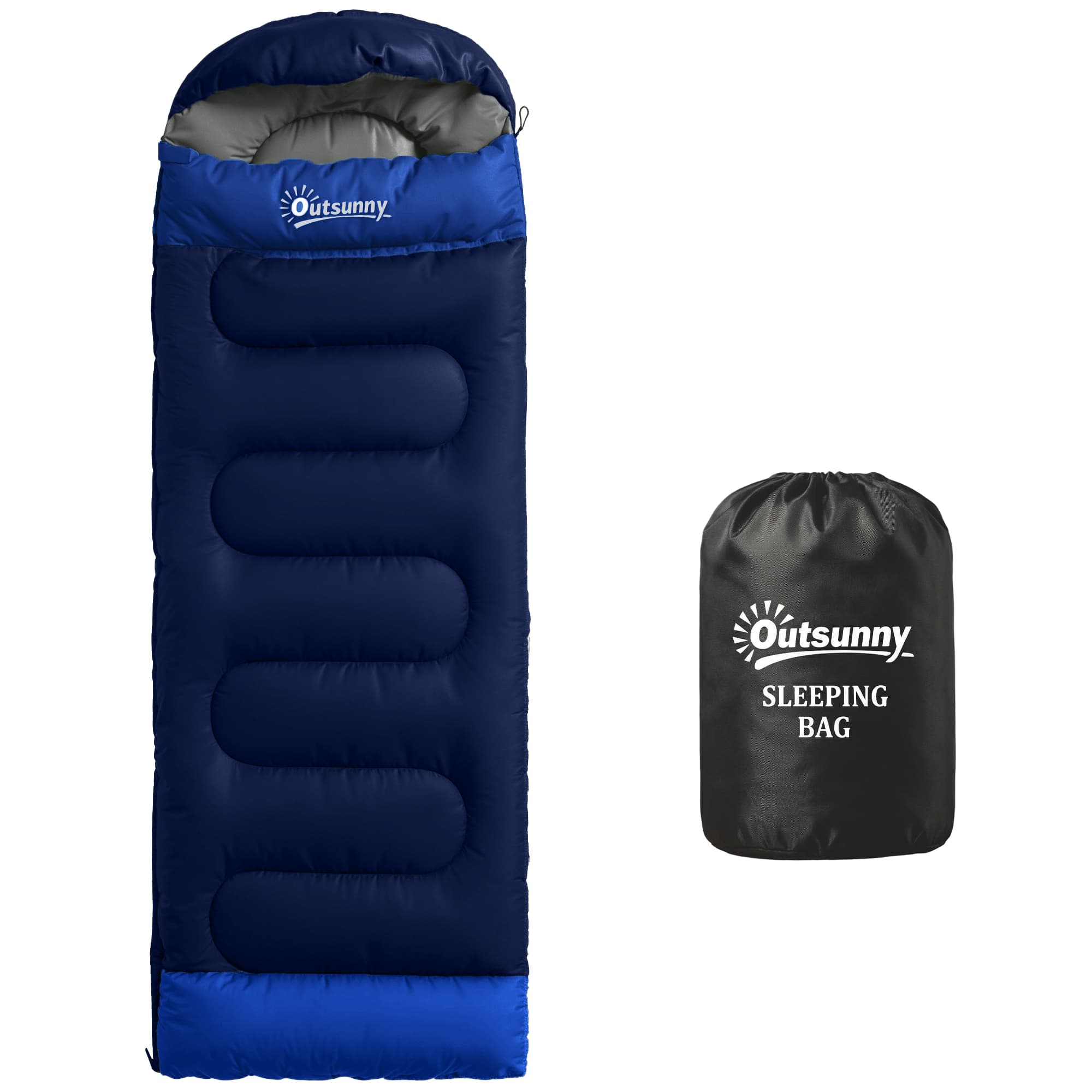Outsunny Sac de Couchage Adulte, avec Section Tête, Fermeture Éclair et Sac de Rangement, 300 g/m2, 215x75x10cm, Bleu Marine