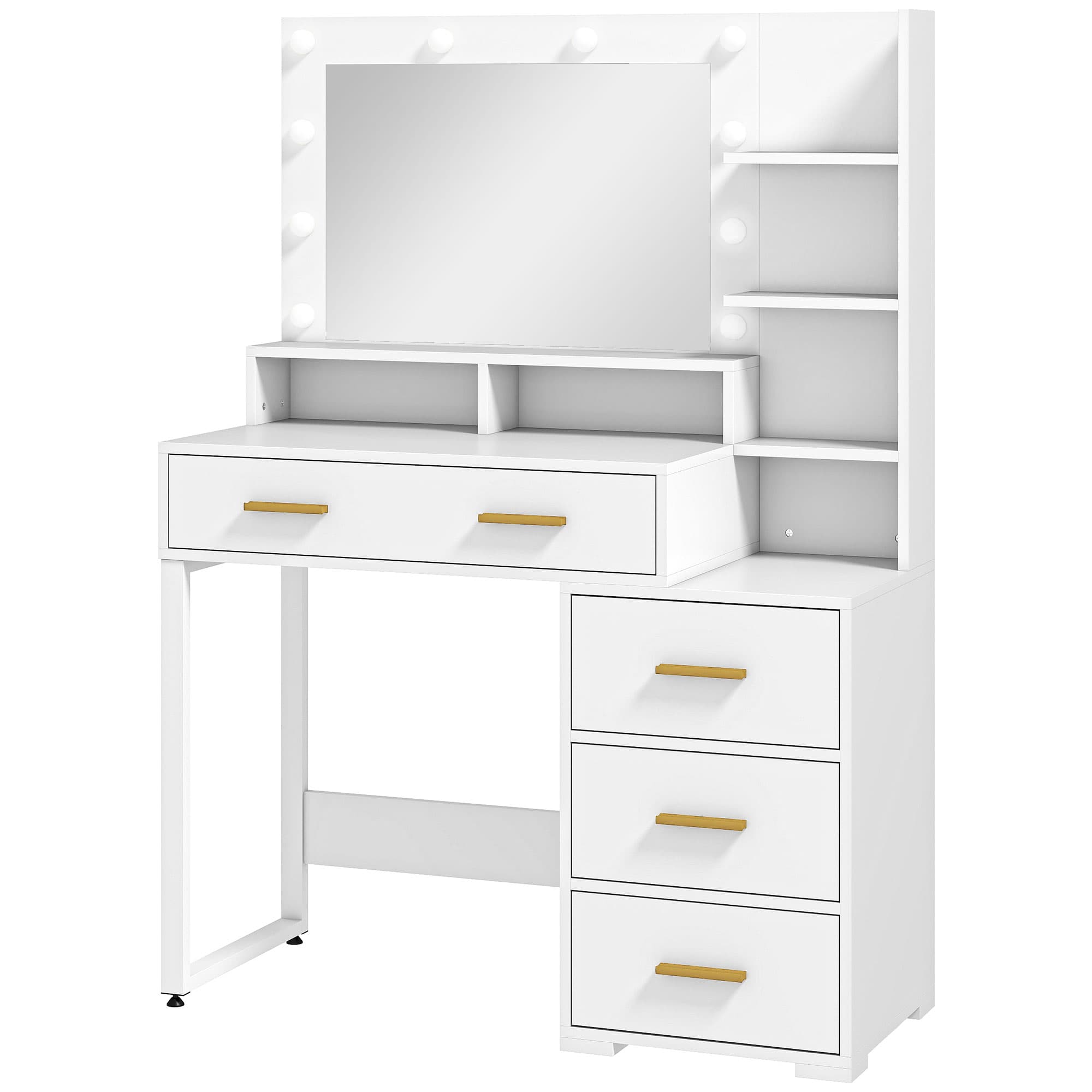 HOMCOM Coiffeuse avec miroir et 9 lumières LED, 4 tiroirs et 6 compartiments ouverts, 100 x 40 x 138 cm, blanc