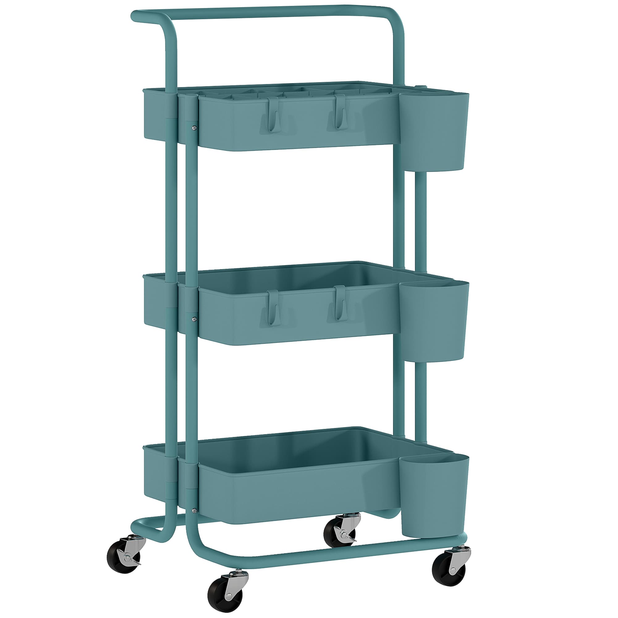 HOMCOM Chariot à 3 niveaux desserte avec 4 crochets et 3 boîtes suspendues amovibles pour 42 x 38 x 86,5 cm bleu-vert