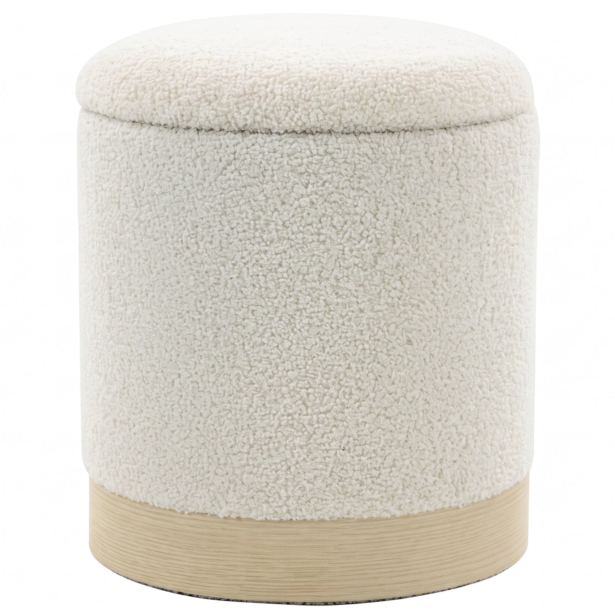 HOMCOM Tabouret rond 38 cm avec revêtement Sherpa, rangement et pied métallique effet bois, blanc crème