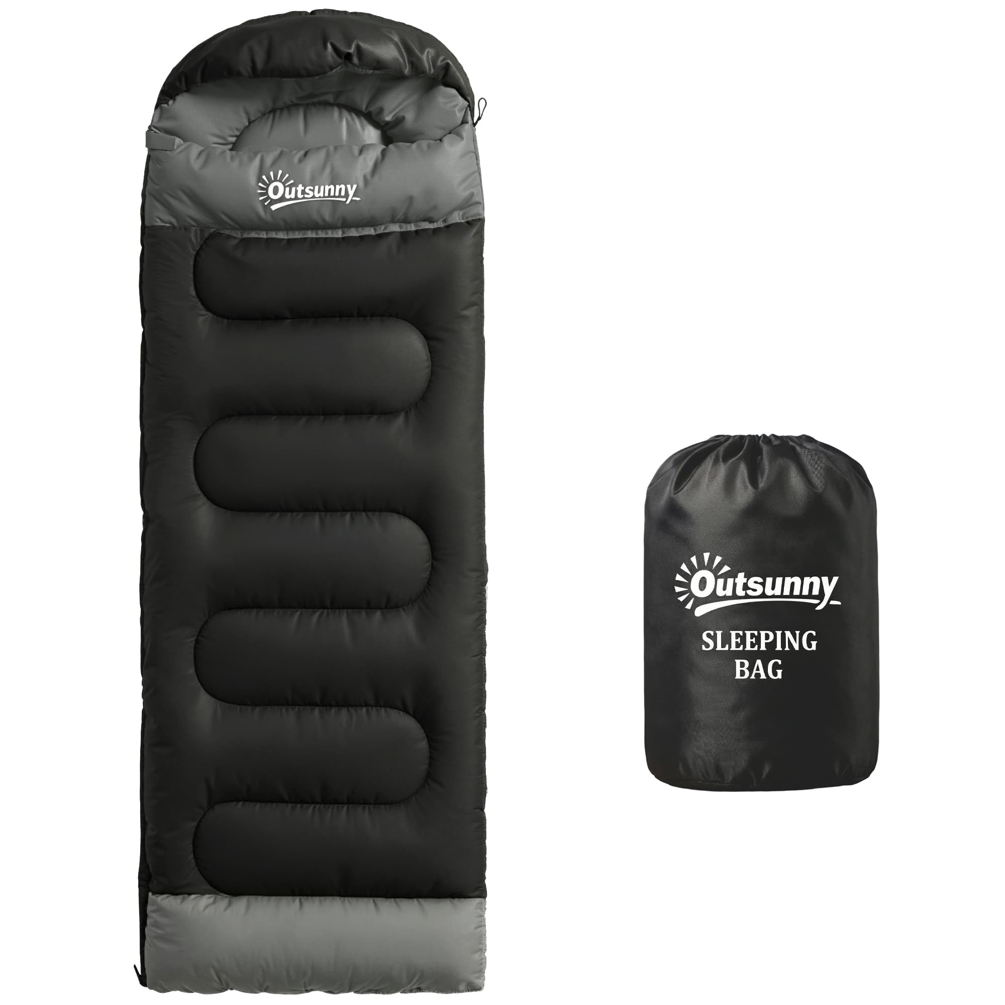 Outsunny Sac de Couchage Adulte, avec Section Tête, Fermeture Éclair et Sac de Rangement, 300 g/m2, 215x75x10cm, Noir