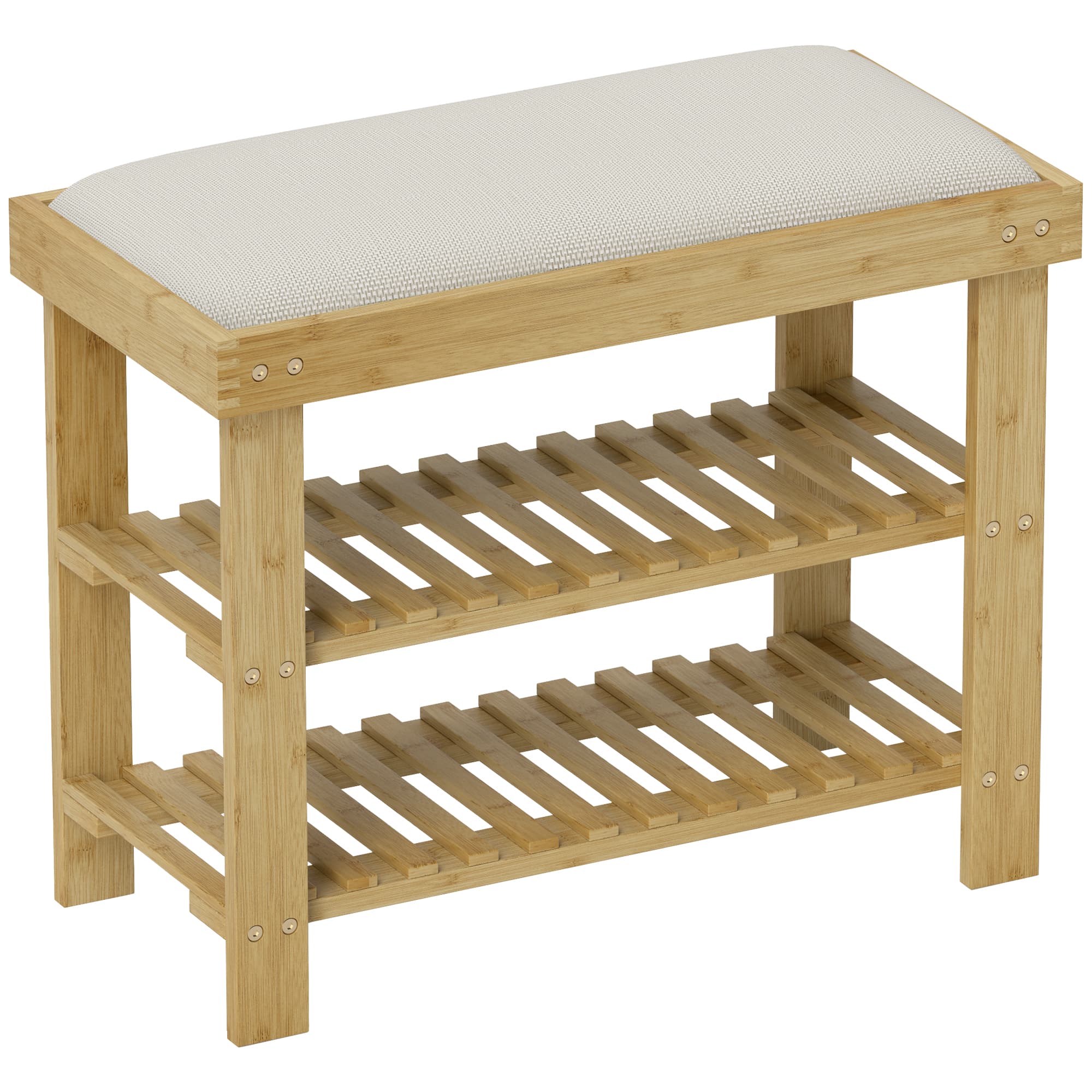 HOMCOM Banc à chaussures en bambou, étagère à chaussures à 3 niveaux, style scandinave, 60 x 29 x 49 cm, crème et bois naturel