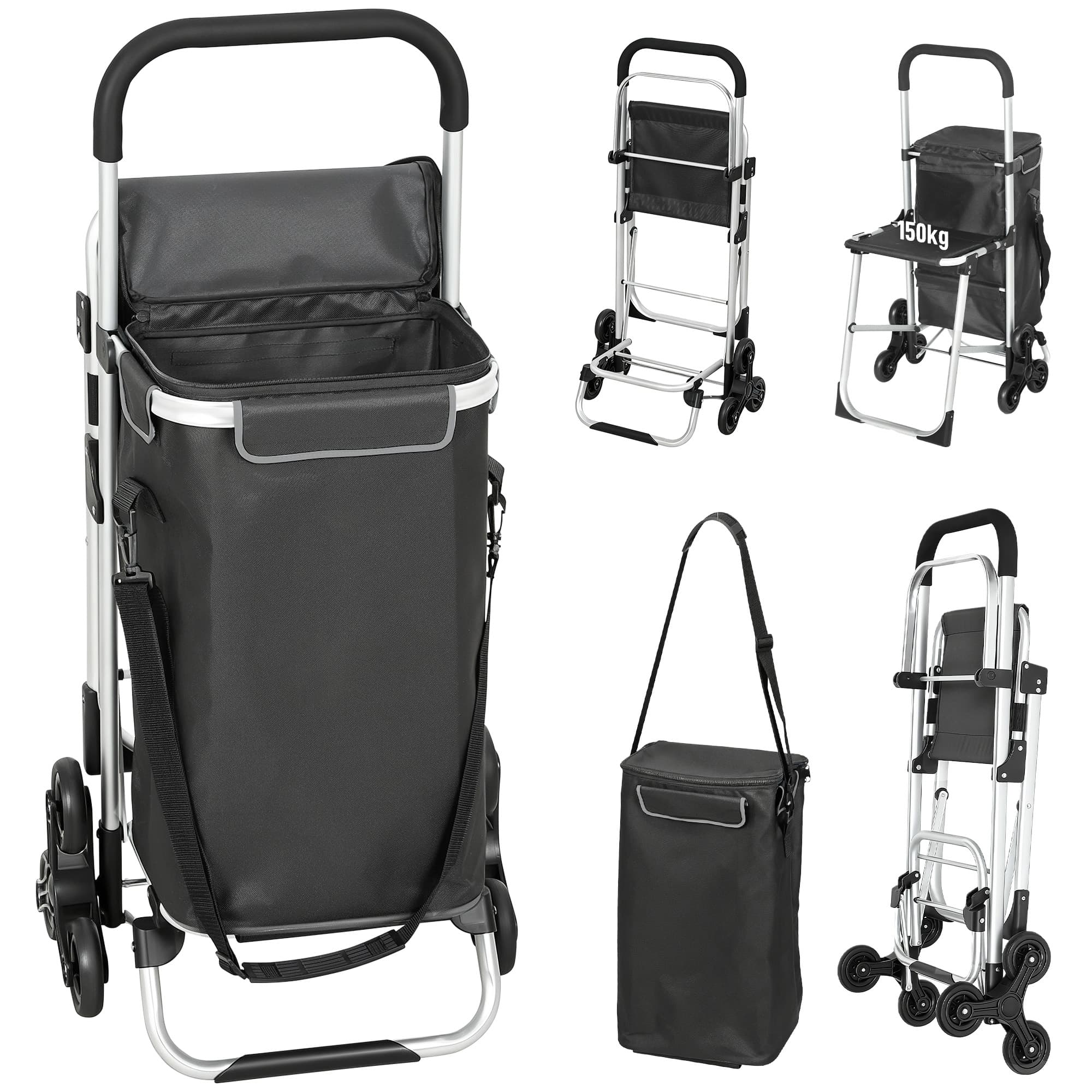 HOMCOM Chariot de courses, sac Oxford 40 L, design 3 roues, cadre en aluminium, siège, Gris foncé