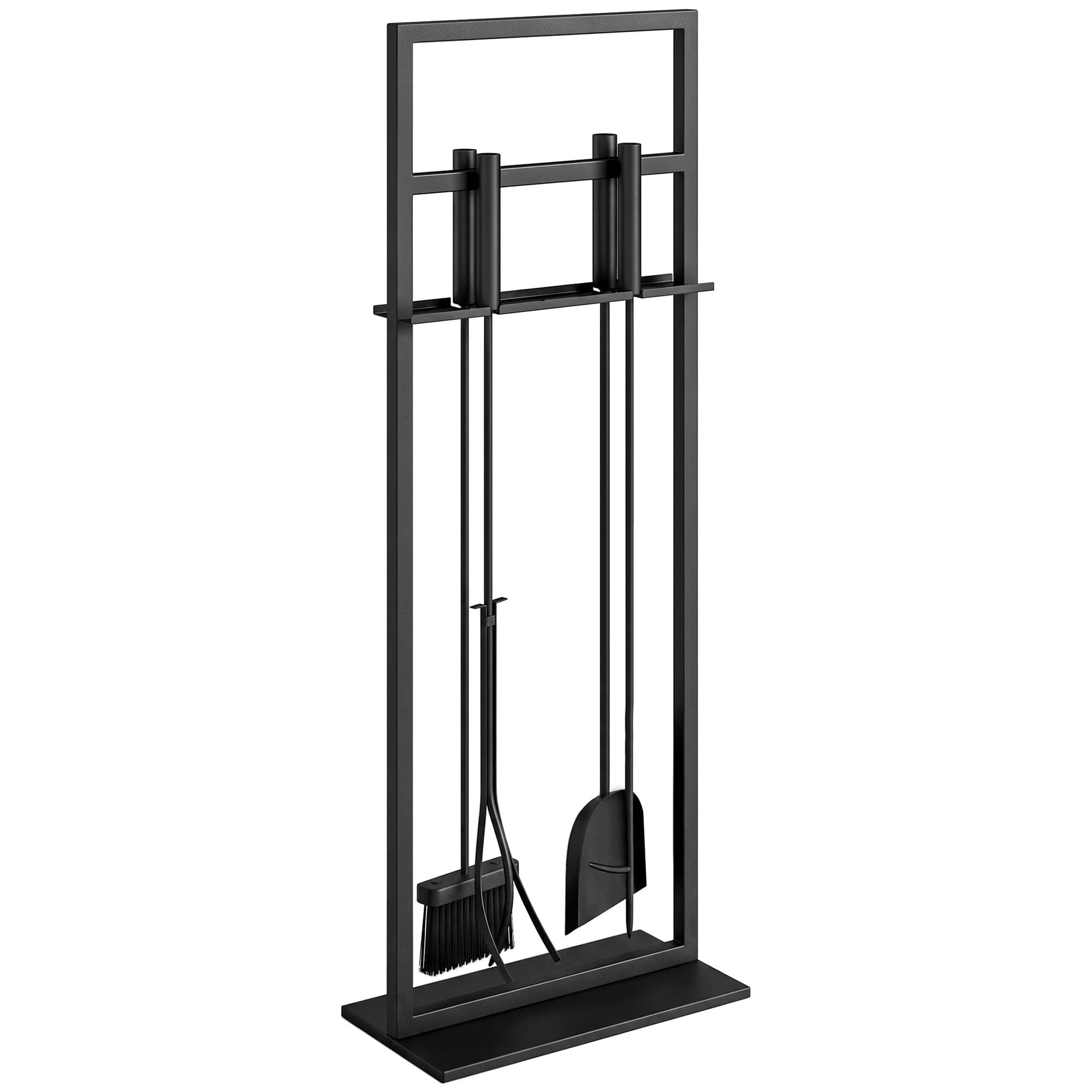 Outsunny Ensemble d'Ustensiles pour Cheminée 5 Pièces en Métal avec Brosse, Pelle, Tisonnier, Pinces et Support Noir