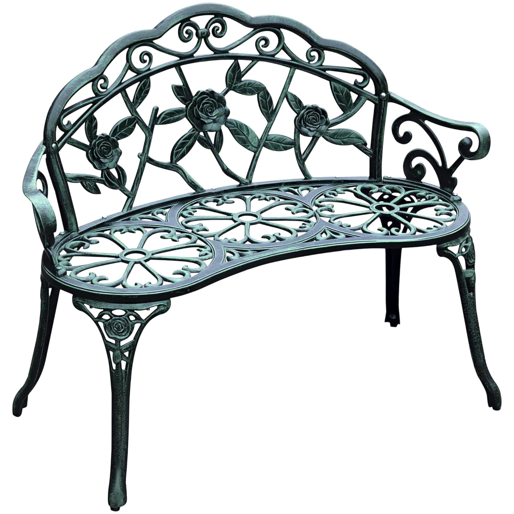 Outsunny Banc de Jardin 2 Places Style néo-rétro Motif Rose Lignes fuselées 100L x 54l x 78H cm Fonte d'aluminium Vert Vieilli