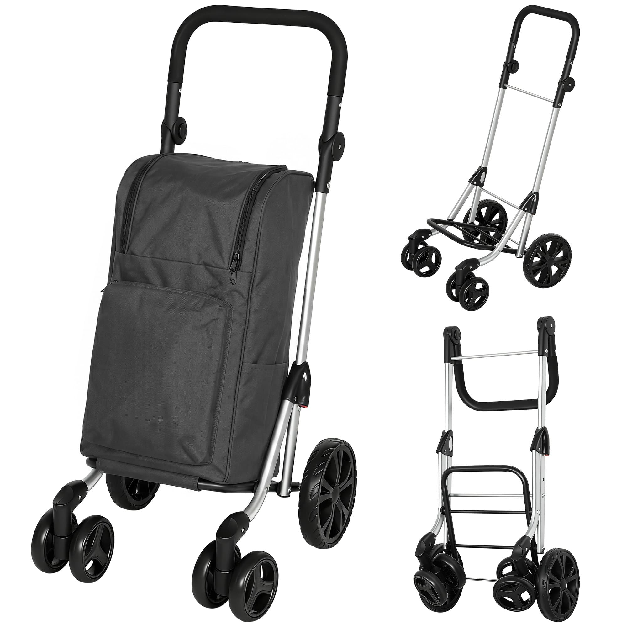 HOMCOM Chariot de courses, sac 46 litres, chariot pliable avec sac isotherme, poignée réglable, cadre en aluminium, gris foncé
